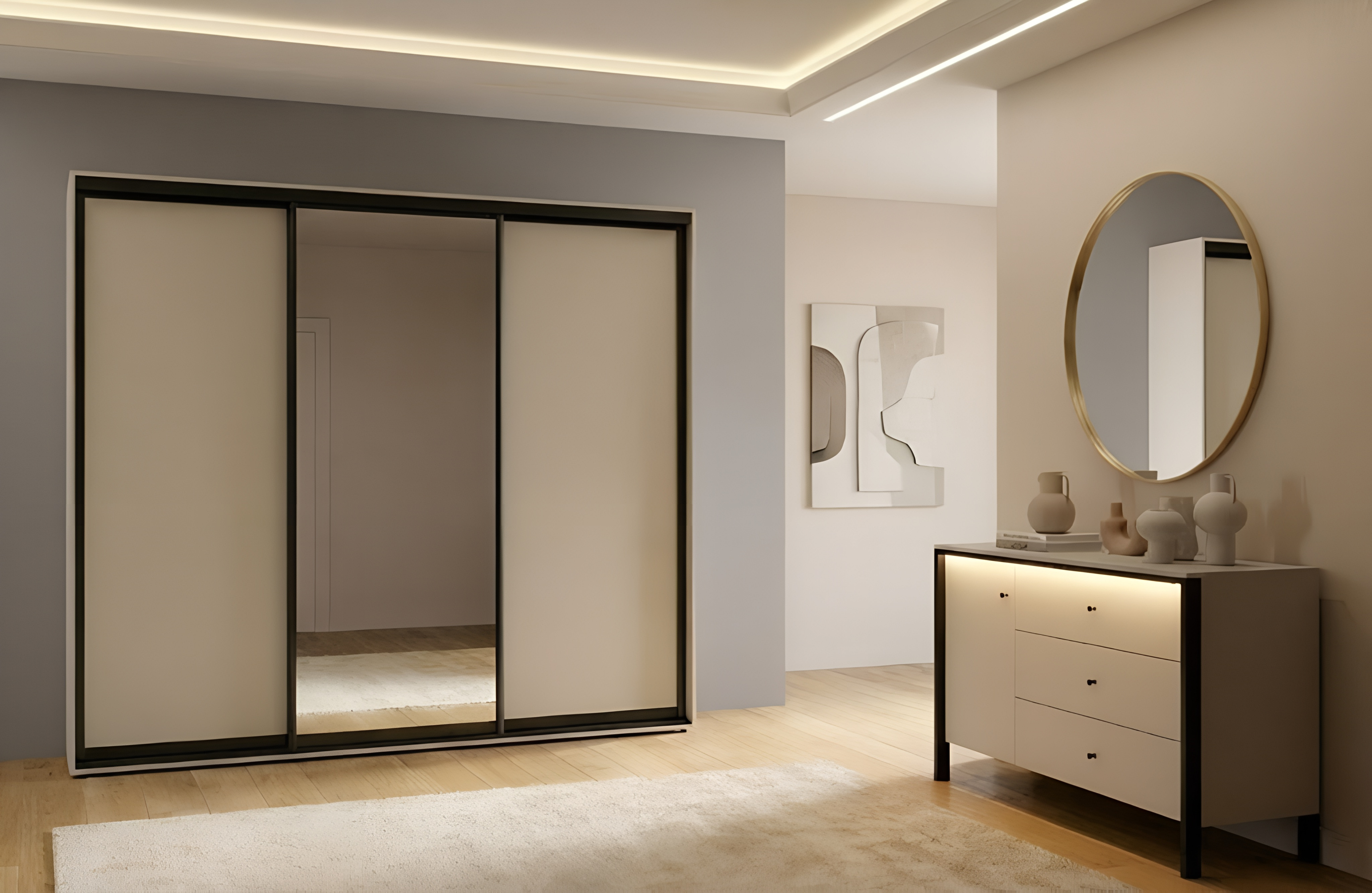 Comoda Fabrik Home Clay, Cashmere, din LPAL, cu Cadru Negru si Butone Circulare, Iluminare Integrata