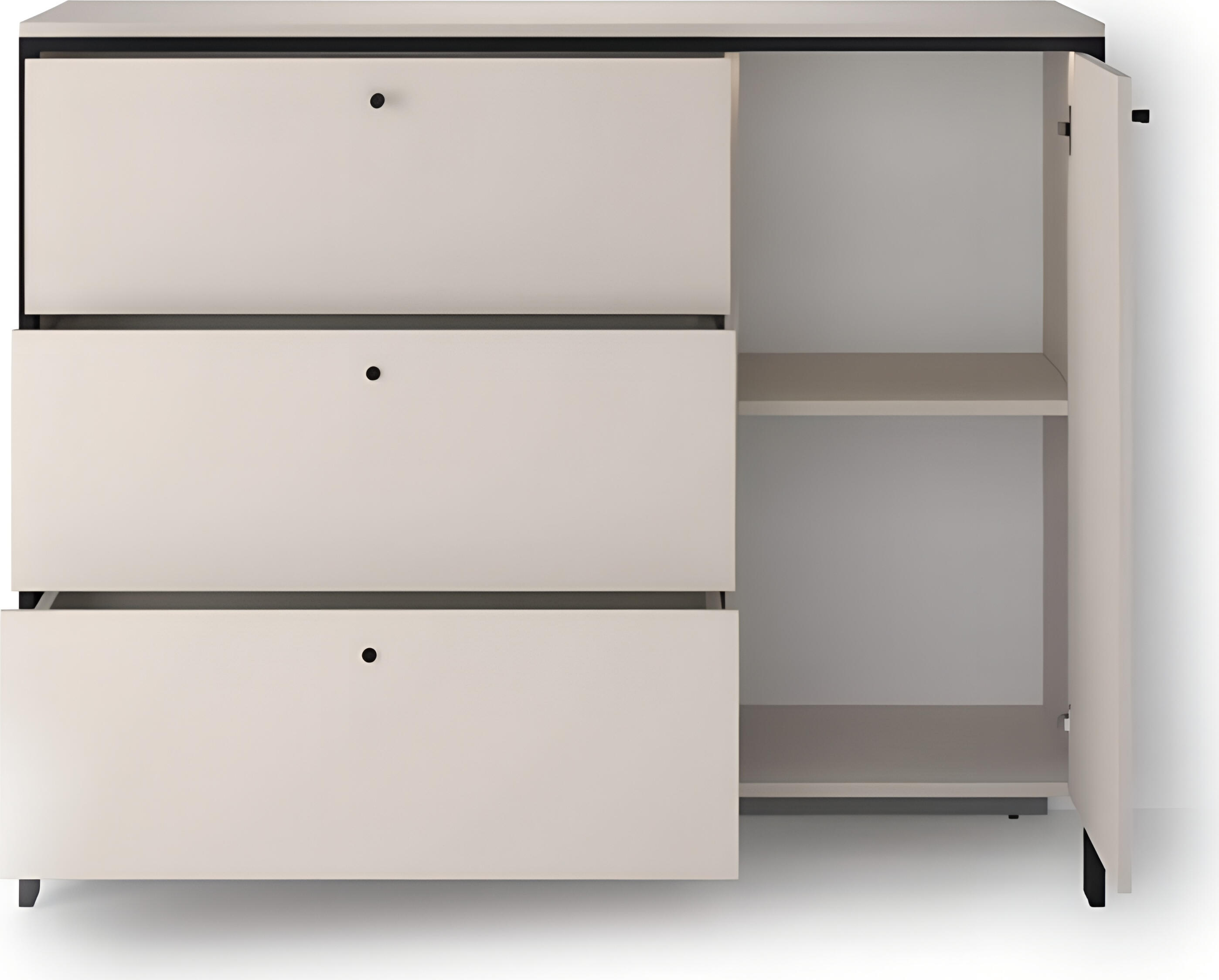 Comoda Fabrik Home Clay, Cashmere, din LPAL, cu Cadru Negru si Butone Circulare, Iluminare Integrata