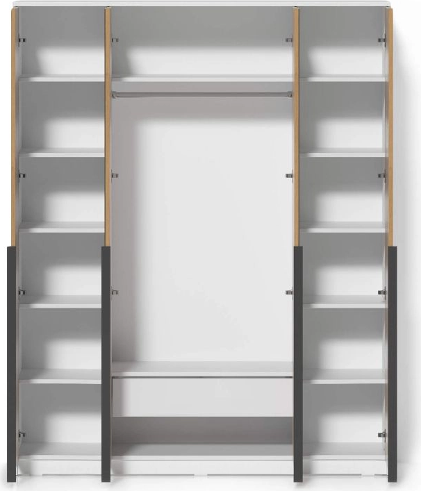 Шкаф Fabrik Home Linia 1600, 1600x2000x500мм, белый с деревом, 4-дверный распашной шкаф с 2 зеркальными дверцами, полками и штангой