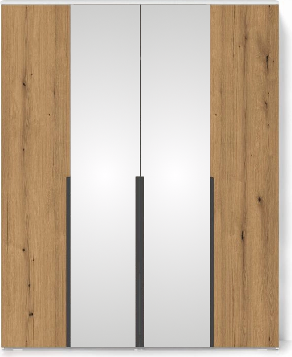 Шкаф Fabrik Home Linia 1600, 1600x2000x500мм, белый с деревом, 4-дверный распашной шкаф с 2 зеркальными дверцами, полками и штангой