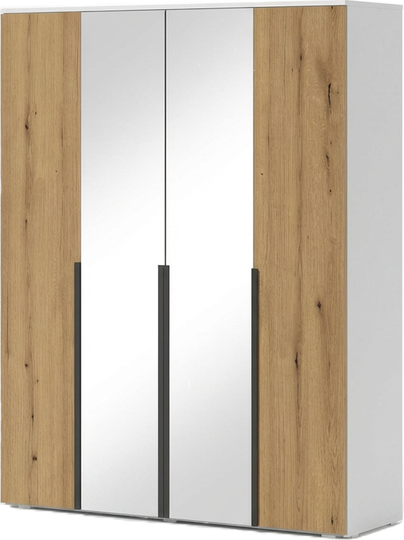 Шкаф Fabrik Home Linia 1600, 1600x2000x500мм, белый с деревом, 4-дверный распашной шкаф с 2 зеркальными дверцами, полками и штангой
