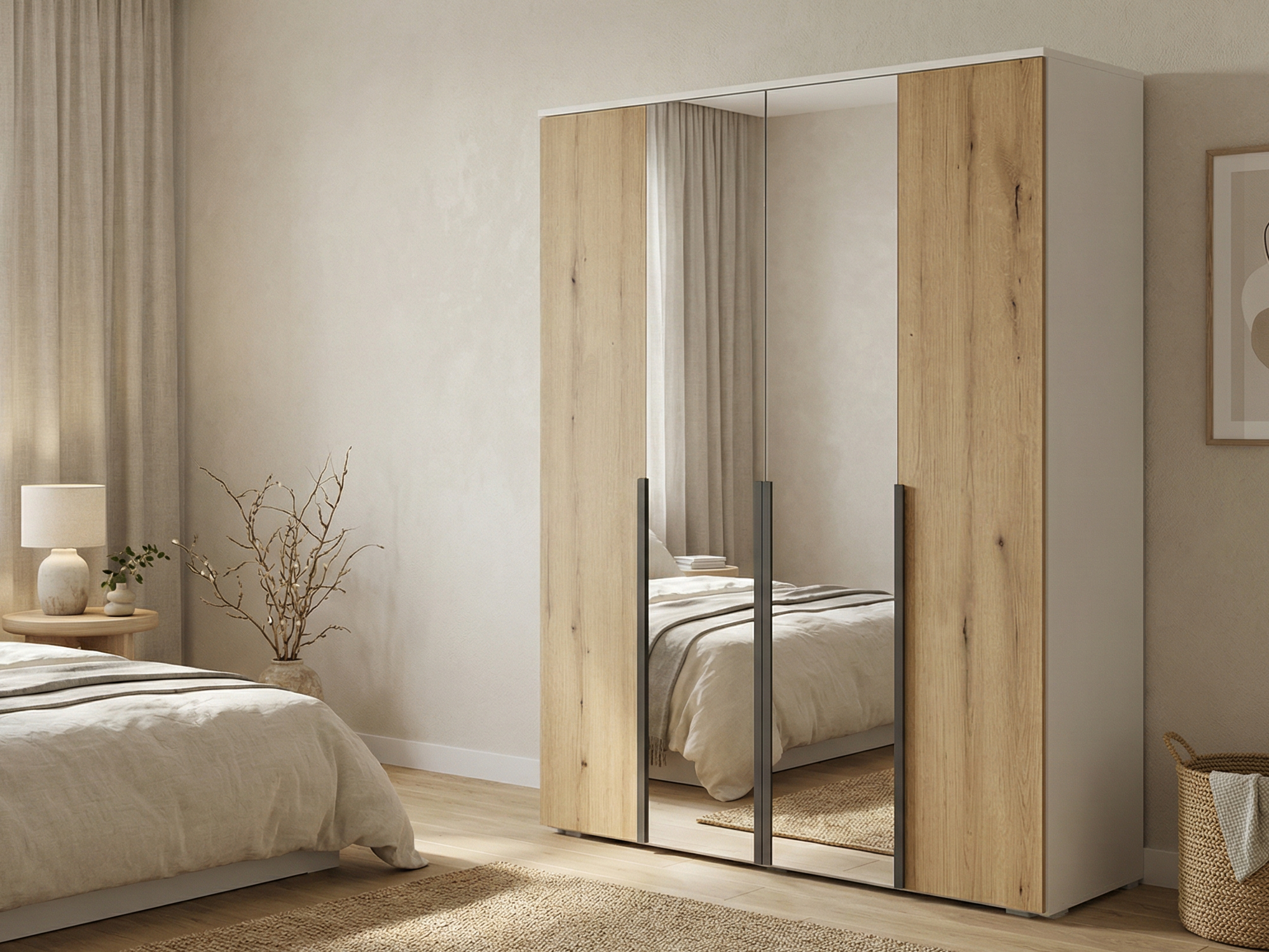 Шкаф Fabrik Home Linia 1600, 1600x2000x500мм, белый с деревом, 4-дверный распашной шкаф с 2 зеркальными дверцами, полками и штангой
