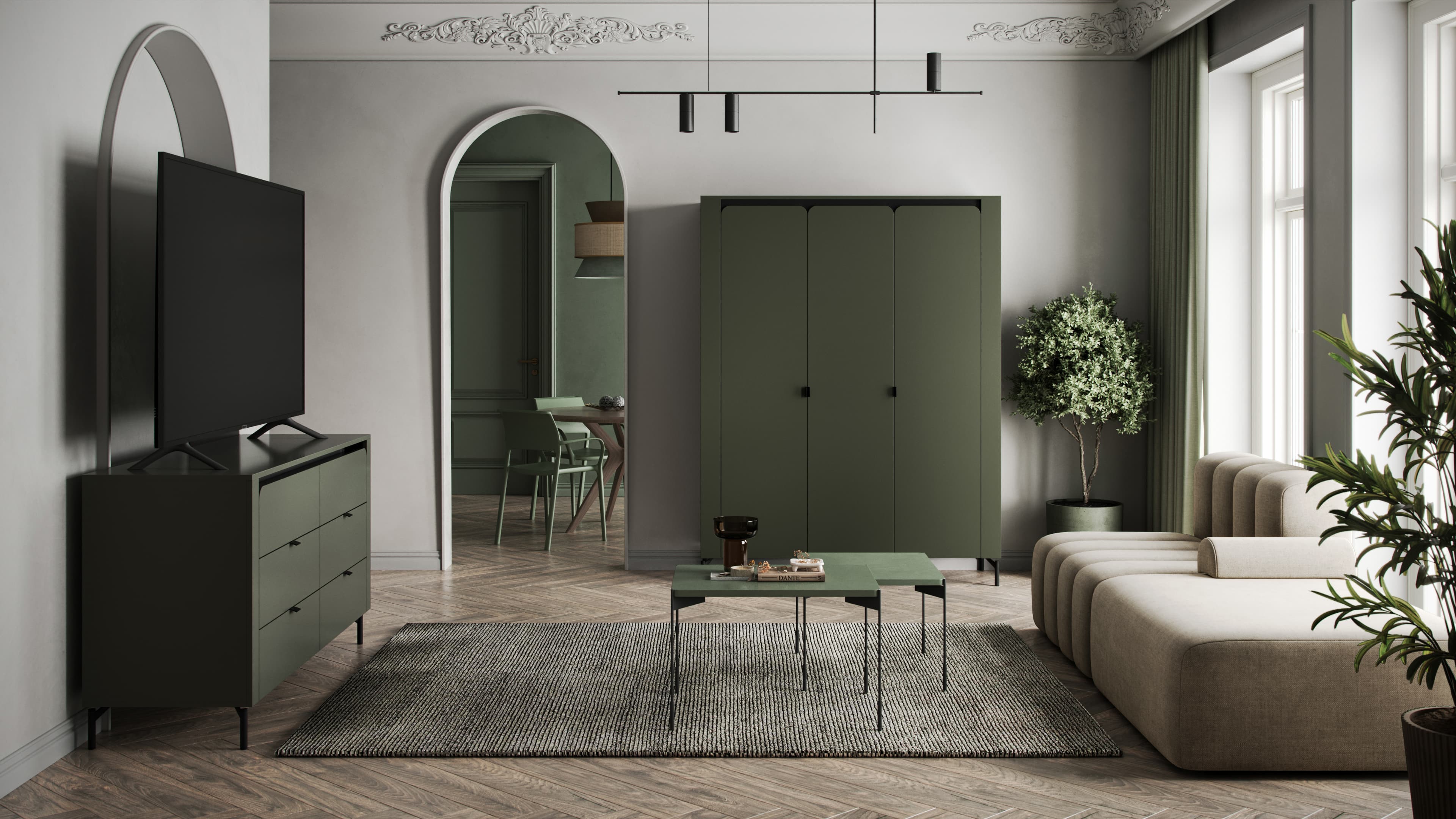 Шкаф Fabrik Home Velori, 3-дверный распашной, с закругленными углами, Зеленый, 1500x518x1810 мм, с штангой для одежды и полками