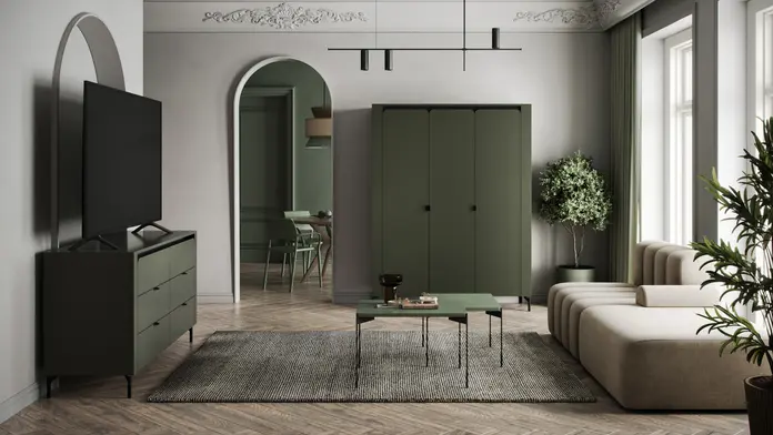 Шкаф Fabrik Home Velori, 3-дверный распашной, с закругленными углами, Зеленый, 1500x518x1810 мм, с штангой для одежды и полками