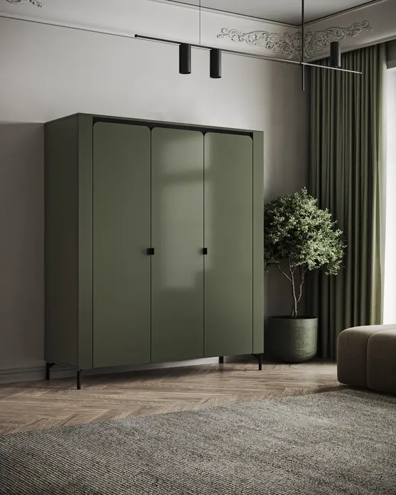 Шкаф Fabrik Home Velori, 3-дверный распашной, с закругленными углами, Зеленый, 1500x518x1810 мм, с штангой для одежды и полками