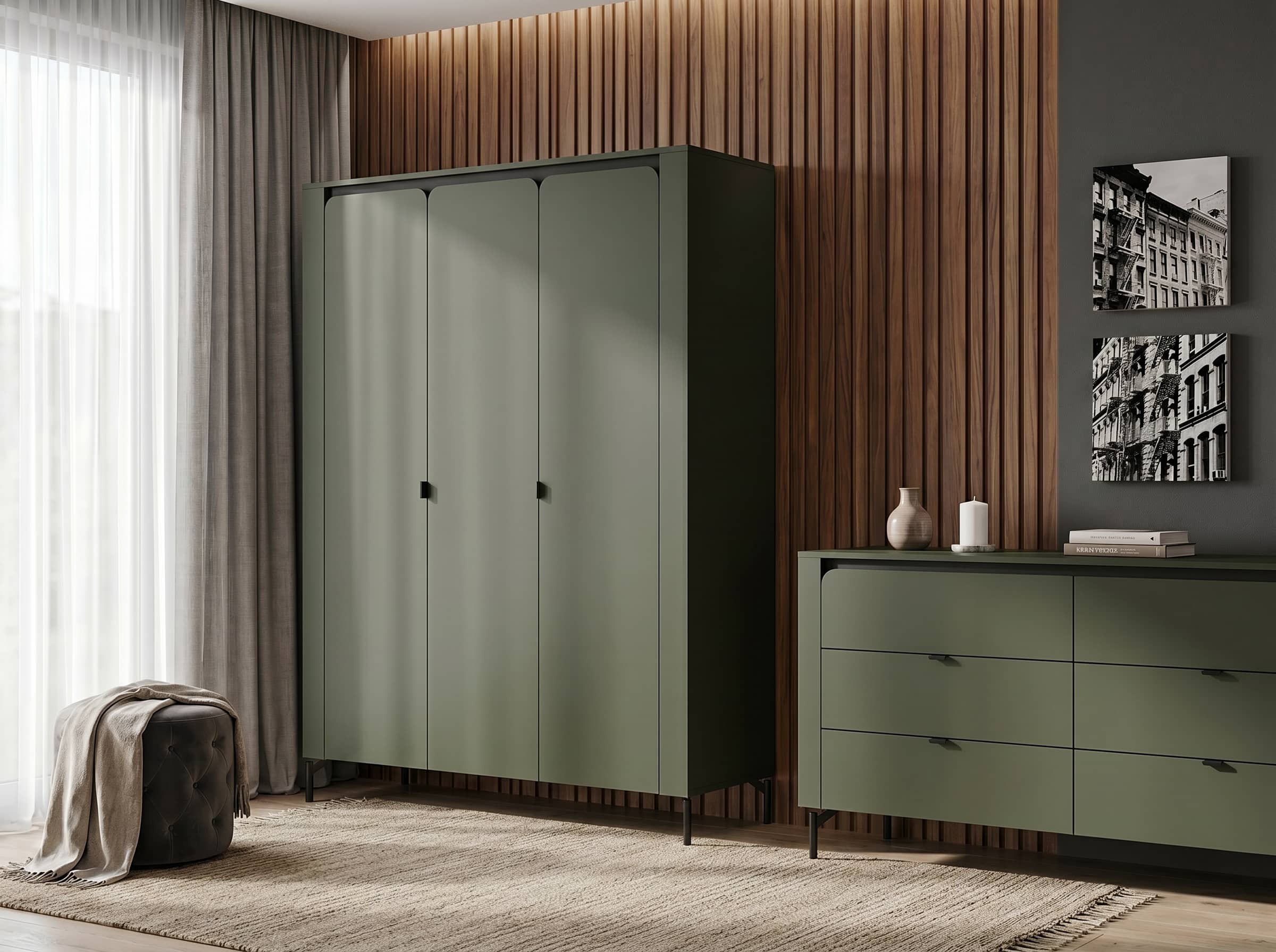 Шкаф Fabrik Home Velori, 3-дверный распашной, с закругленными углами, Зеленый, 1500x518x1810 мм, с штангой для одежды и полками