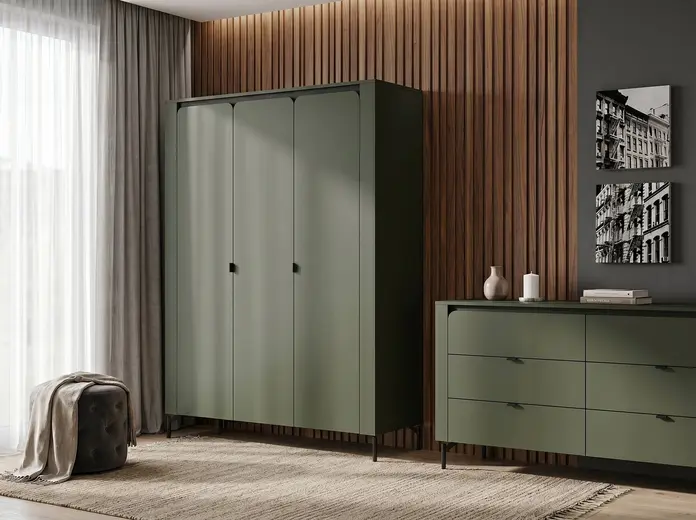 Шкаф Fabrik Home Velori, 3-дверный распашной, с закругленными углами, Зеленый, 1500x518x1810 мм, с штангой для одежды и полками
