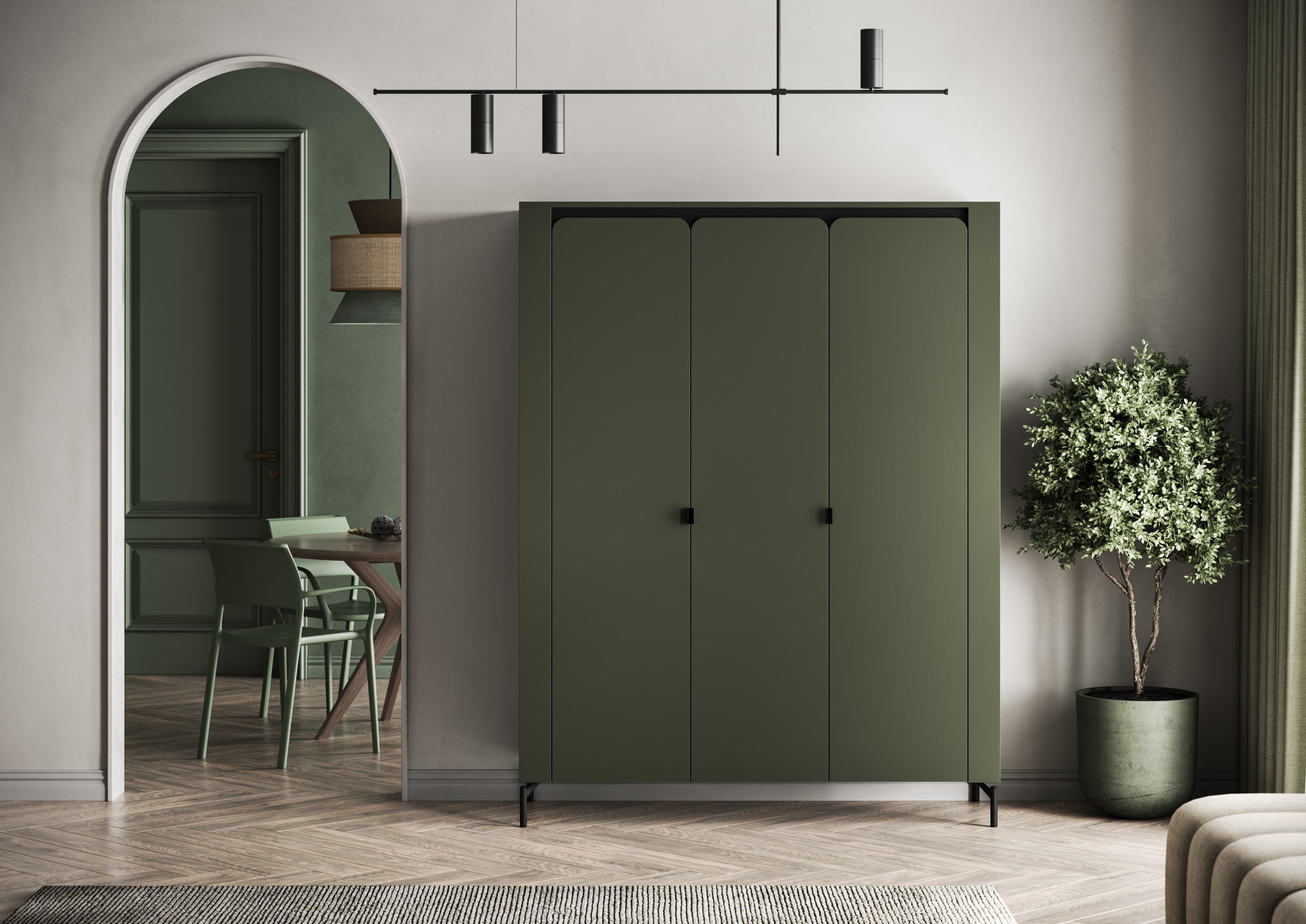 Шкаф Fabrik Home Velori, 3-дверный распашной, с закругленными углами, Зеленый, 1500x518x1810 мм, с штангой для одежды и полками