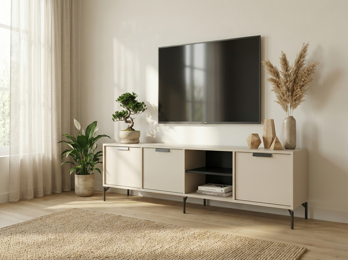 Comoda TV Fabrik Home Marshal, Gri, 2035x540x400 mm, 8 Rafturi, 3 Usi cu Manere Negre, Picioare din Metal Negru