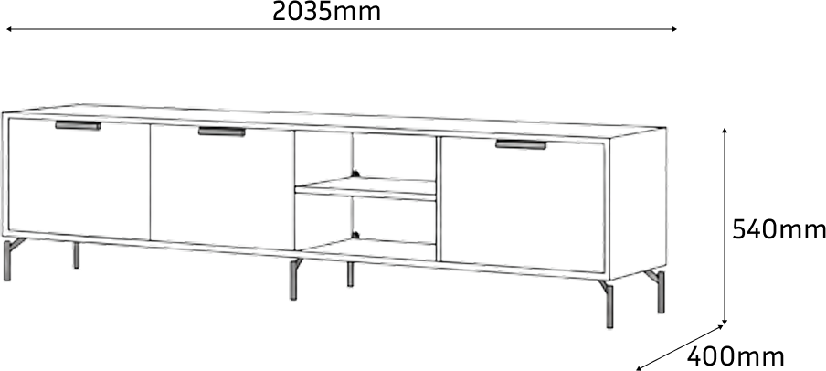 Comoda TV Fabrik Home Marshal, Gri, 2035x540x400 mm, 8 Rafturi, 3 Usi cu Manere Negre, Picioare din Metal Negru