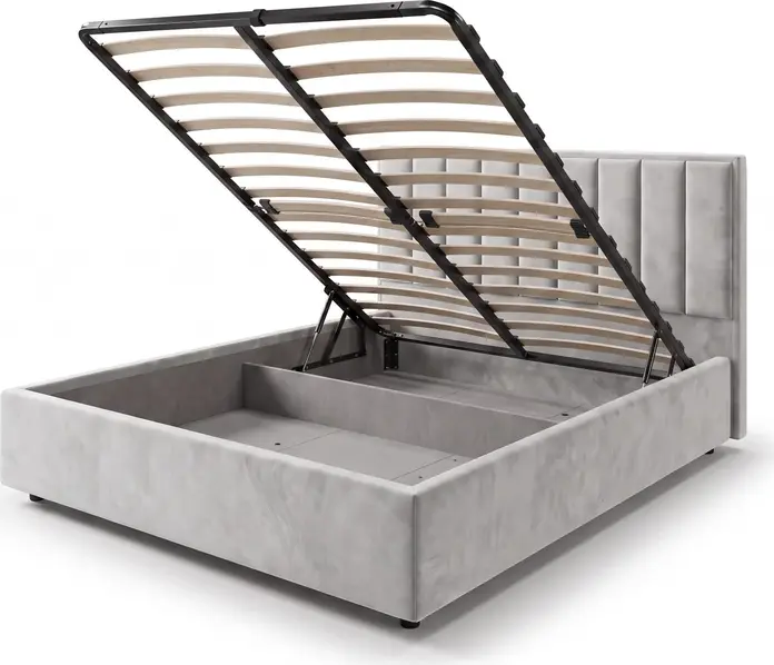 Pat Dublu Fabrik Home Charlotte, Tapiterie Velur Gri, Tatarsal Inalt cu Cusaturi Verticale, Baza Ortopedica din Metal cu Sistem de Depozitare, 1780x2130mm