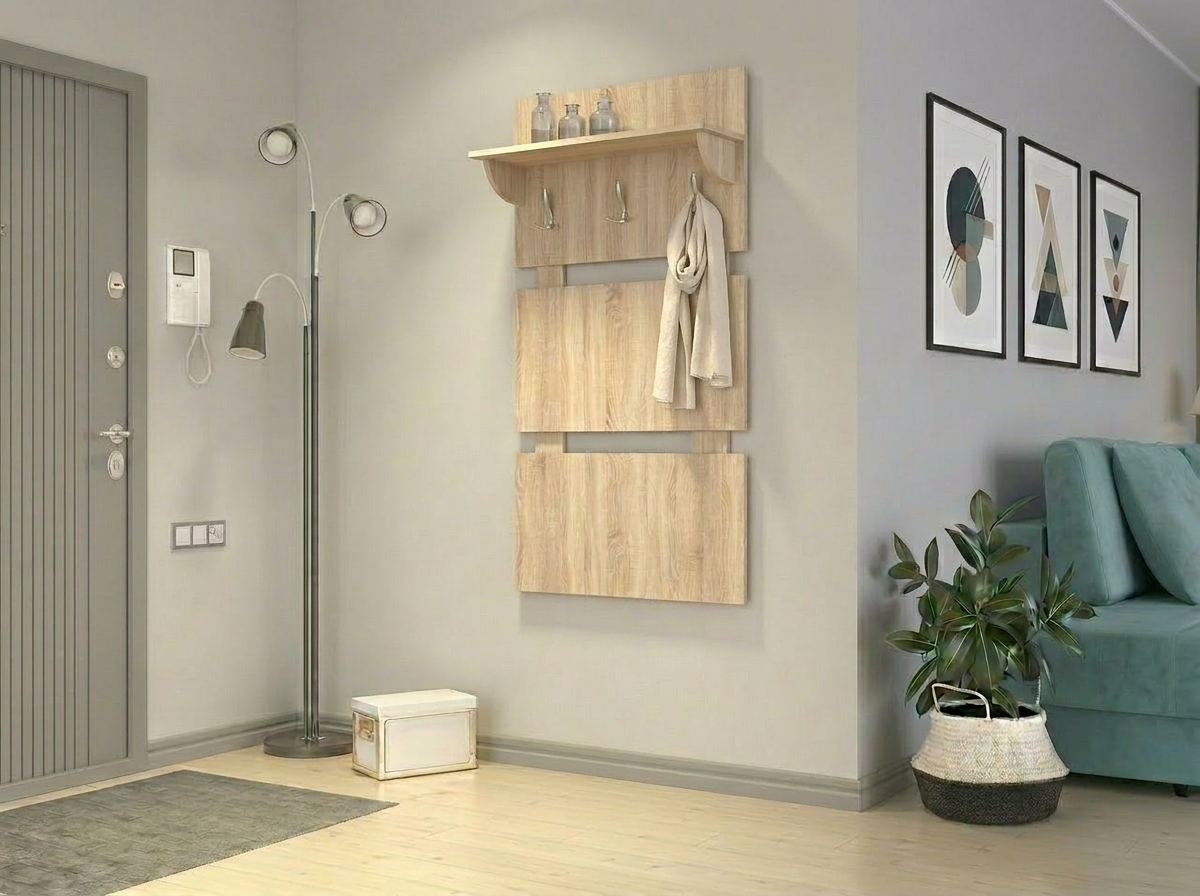 Fabrik Home Modul 8 Hall Tree Organizer, Sonoma Oak Laminated PAL, 147x60 cm, with Shelf and 3 Hooks for Hats and Umbrellas