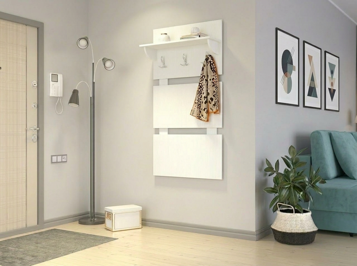 Cuier Fabrik Home Modul 8, Frasin Alb, 3 Cuigere, Raft Superior pentru Palarii si Umbrele, 600x1470x285 mm