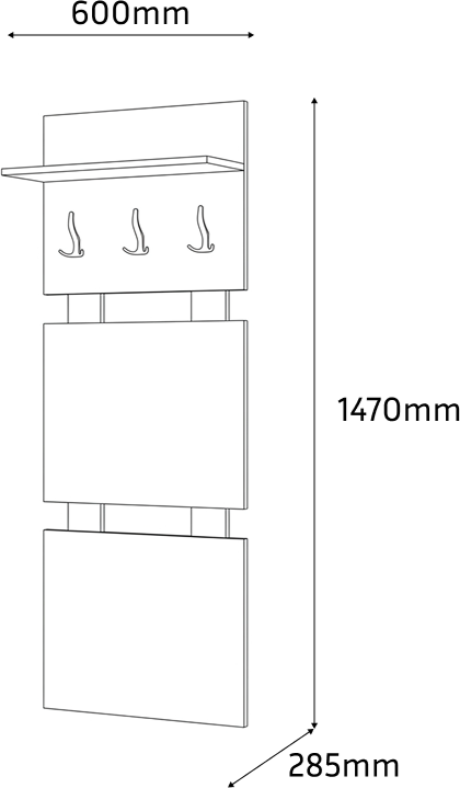 Cuier Fabrik Home Modul 8, Frasin Alb, 3 Cuigere, Raft Superior pentru Palarii si Umbrele, 600x1470x285 mm