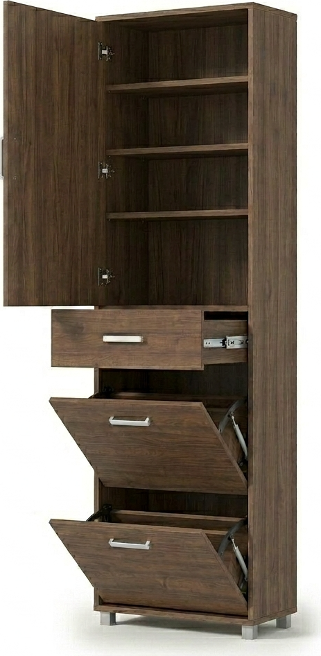 Fabrik Home Modul 4 Shoe Cabinet, Color: Stony Walnut, Hallway Furniture with Mirror, Accessory Drawer, 2 Tipping Shoe Drawers, 600x2000x285 mm
