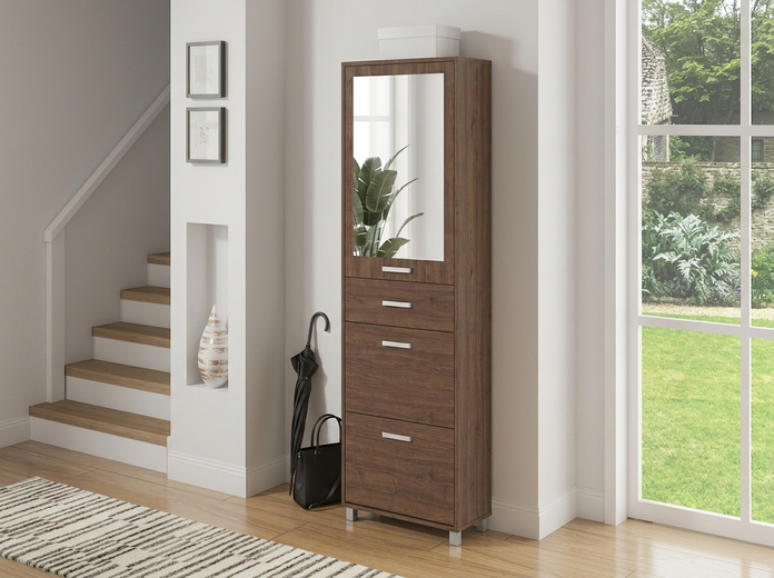 Fabrik Home Modul 4 Shoe Cabinet, Color: Stony Walnut, Hallway Furniture with Mirror, Accessory Drawer, 2 Tipping Shoe Drawers, 600x2000x285 mm