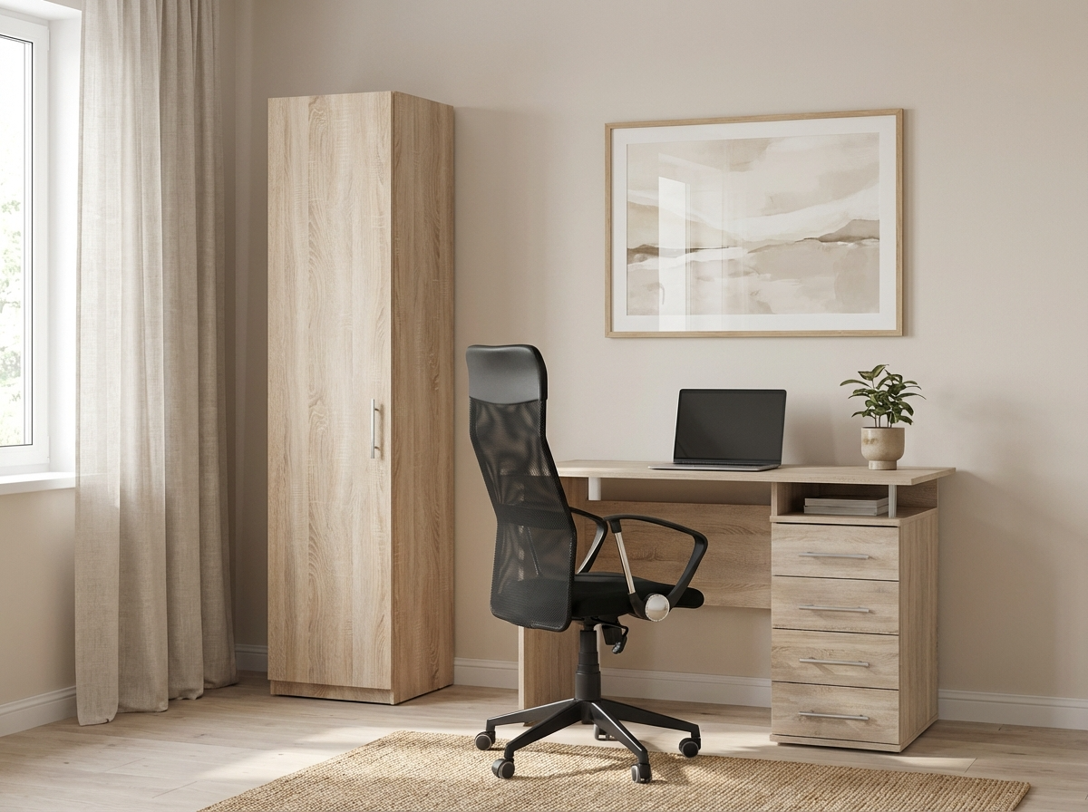 Fabrik Home Office Line 10 Office Cabinet, Sonoma Oak Particle Board PAL, 50x40x200 cm, Tall Narrow Storage Cupboard with 4 Shelves and Single Door