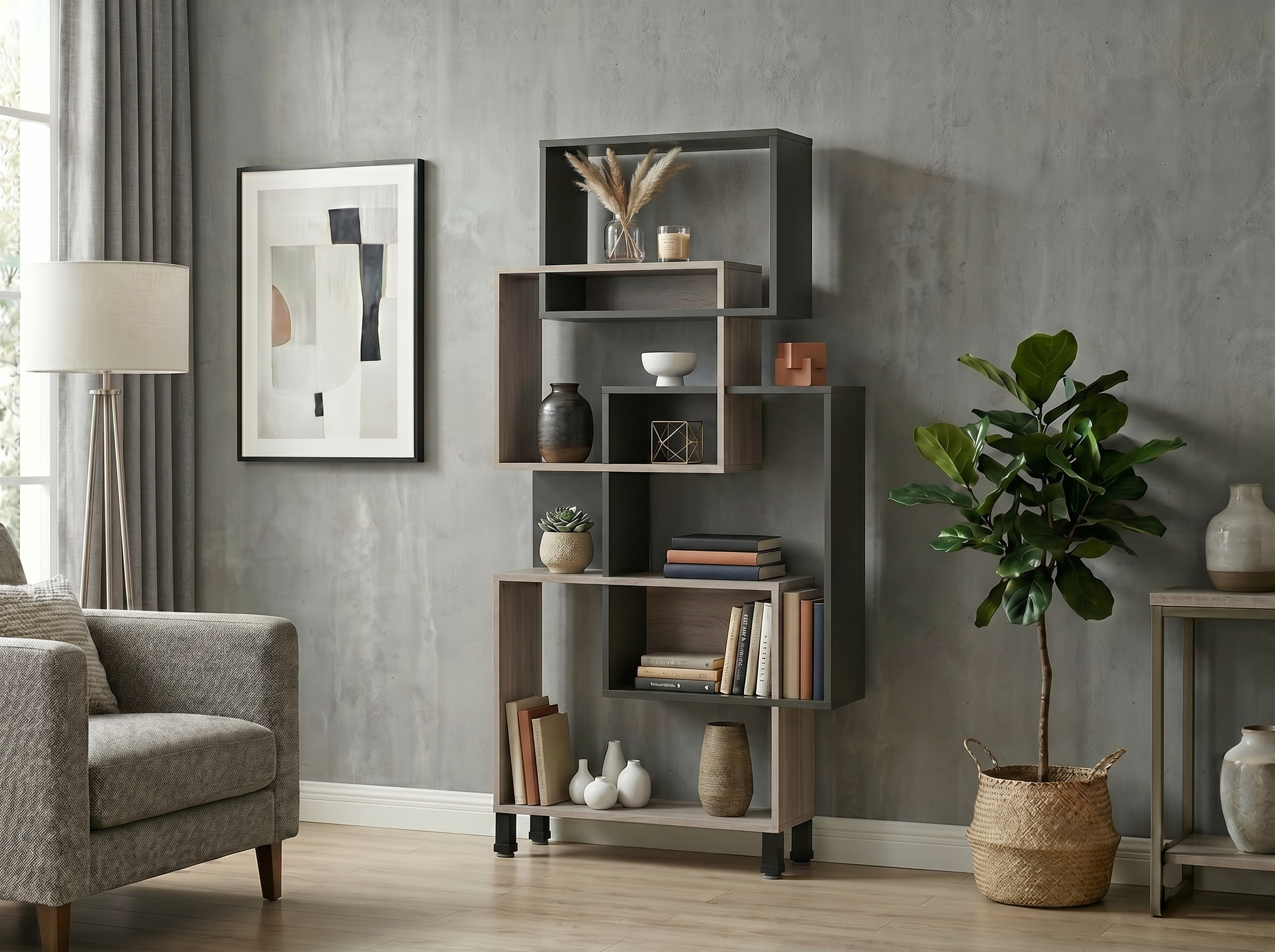 Etajera Fabrik Home Josse Design Futuristic Asimetric, PAL Melaminat, Stejar Evok si Antracit, 900x1810x250 mm
