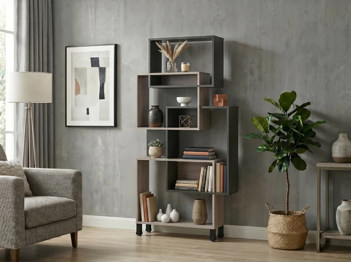Etajera Fabrik Home Josse Design Futuristic Asimetric, PAL Melaminat, Stejar Evok si Antracit, 900x1810x250 mm