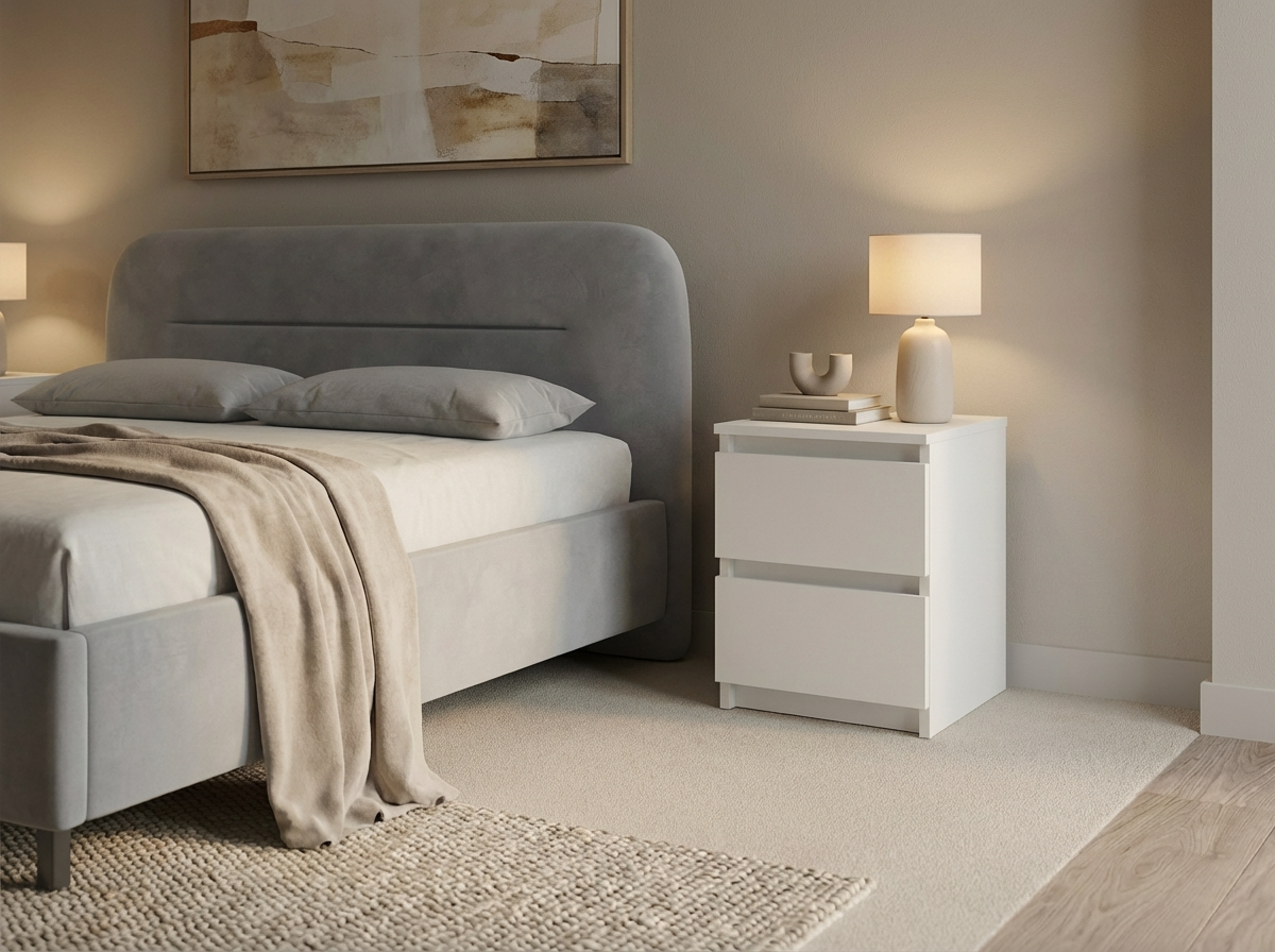 Fabrik Home Havana Nightstand, White Ash Laminated Chipboard, 2 Drawers, Minimalist Compact Design, 550x405x335 mm