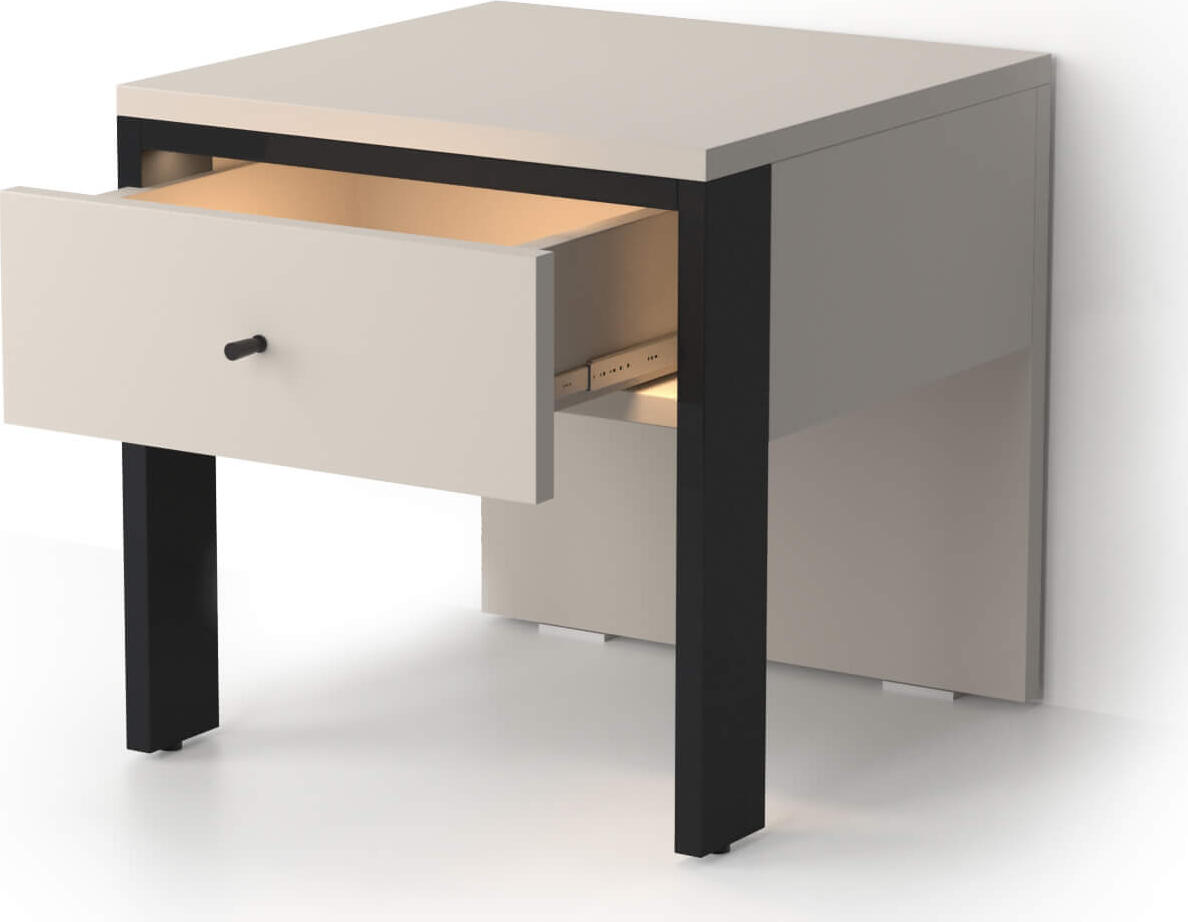 Fabrik Home Clay Nightstand Set of 2, Cashmere, Melamine-faced Chipboard, 40x40x41 cm, 1 Drawer, Open Shelf, Integrated Lighting, Black Metal Frame