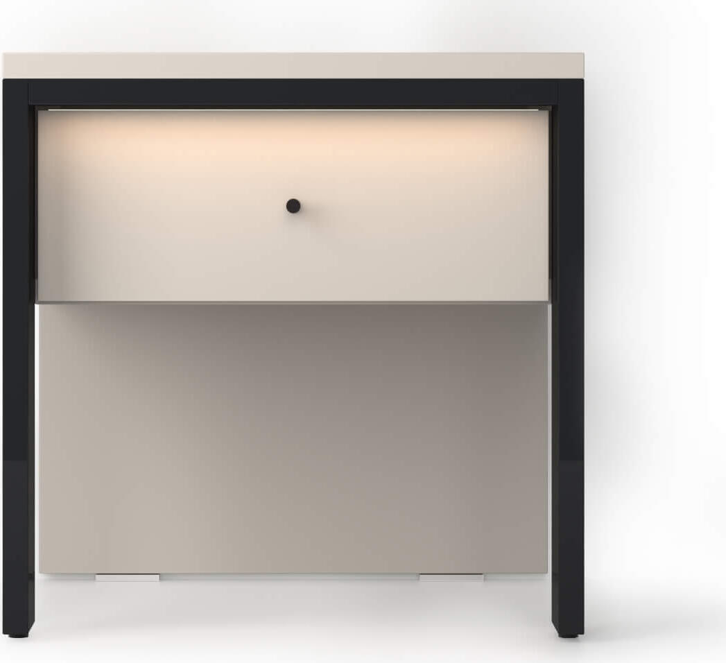 Fabrik Home Clay Nightstand Set of 2, Cashmere, Melamine-faced Chipboard, 40x40x41 cm, 1 Drawer, Open Shelf, Integrated Lighting, Black Metal Frame