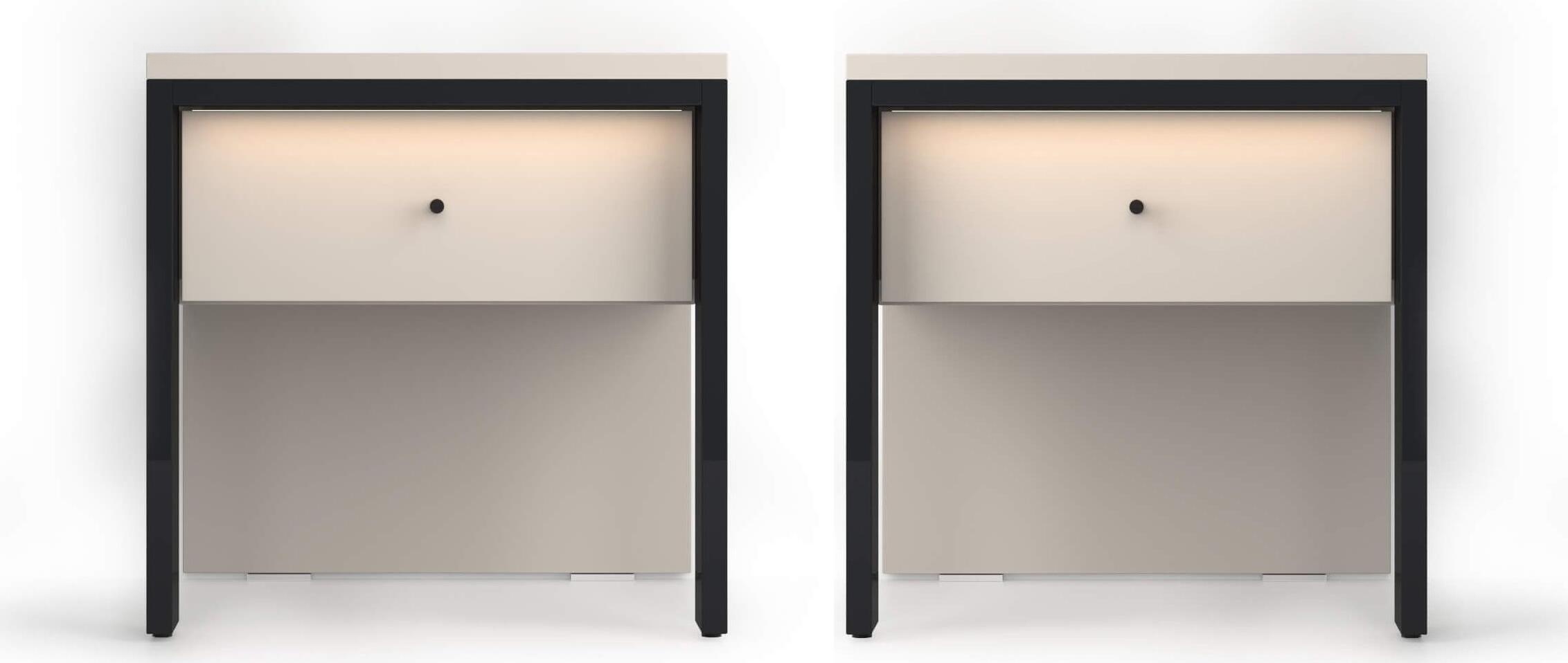 Fabrik Home Clay Nightstand Set of 2, Cashmere, Melamine-faced Chipboard, 40x40x41 cm, 1 Drawer, Open Shelf, Integrated Lighting, Black Metal Frame