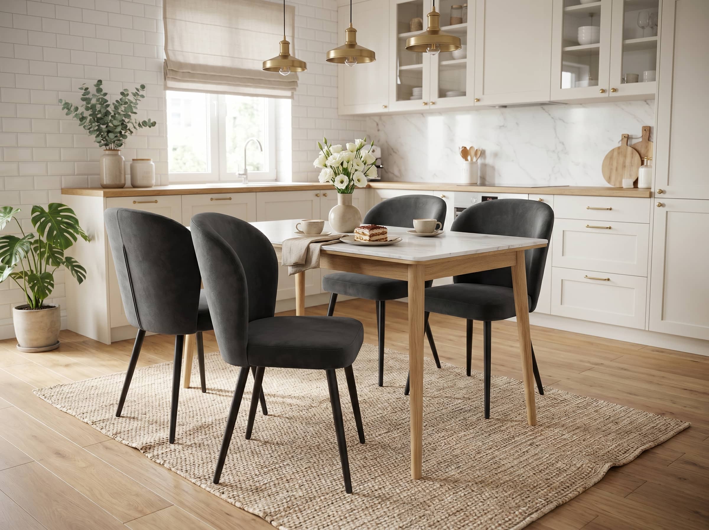 Scaun Interdepo Rio 2, Tapiterie din Material cu Picioare din Metal de 32mm, 470x450x830mm, Negru, pentru Bucatarie, Birou si Sala de Dining