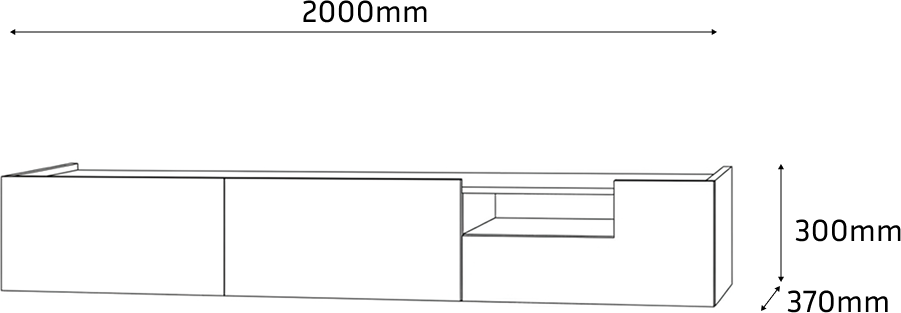 Подвесная ТВ-тумба Fabrik Home Hardy, 2000x300x370мм, Светло-серый матовый, Корпус из ДСП и фасады из МДФ, 3 фасада и 1 открытая полка, Настенный монтаж