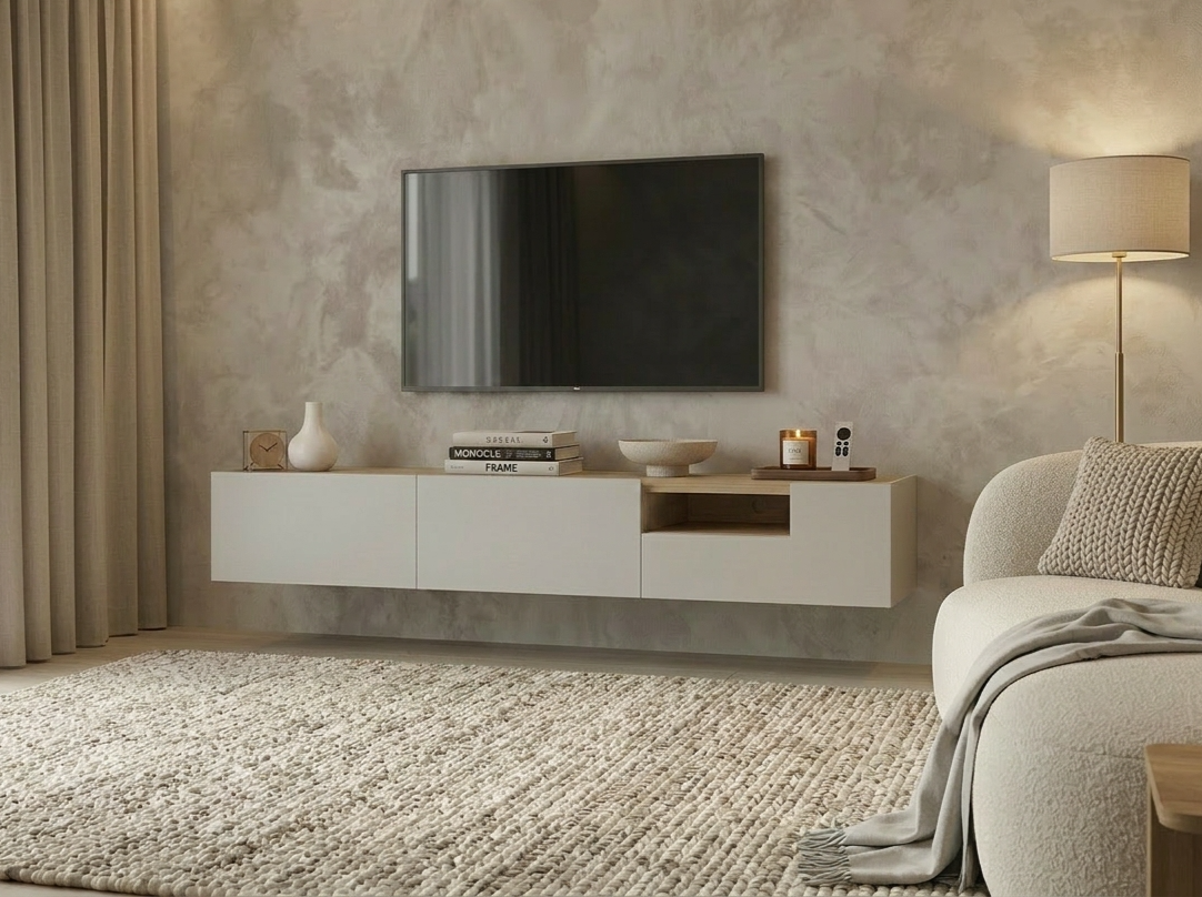 Подвесная ТВ-тумба Fabrik Home Hardy, 2000x300x370мм, Светло-серый матовый, Корпус из ДСП и фасады из МДФ, 3 фасада и 1 открытая полка, Настенный монтаж