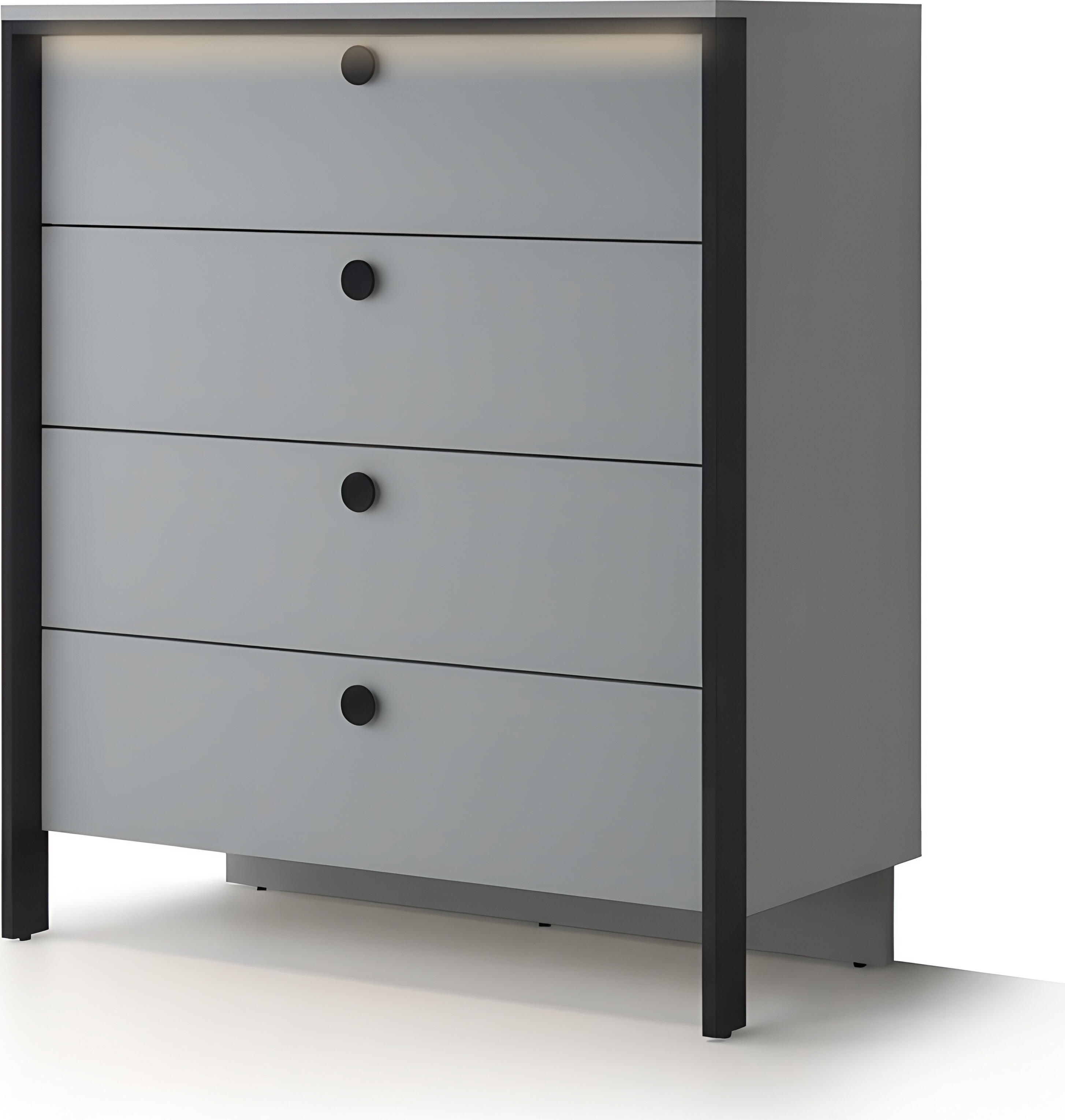 Fabrik Home Clay Chest of Drawers, Grey, LPAL Laminated Particle Board, Black Frame with Circular Knobs, Integrated Lighting