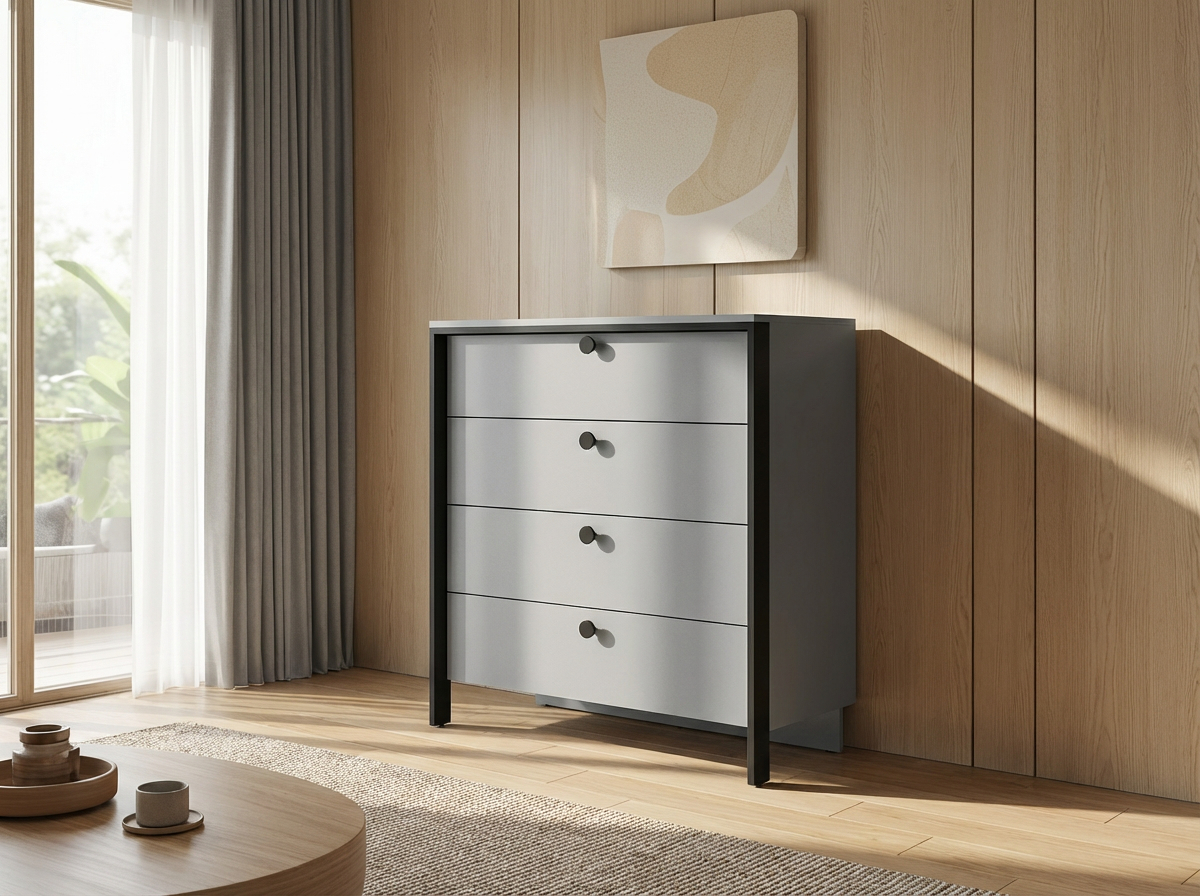 Fabrik Home Clay Chest of Drawers, Grey, LPAL Laminated Particle Board, Black Frame with Circular Knobs, Integrated Lighting