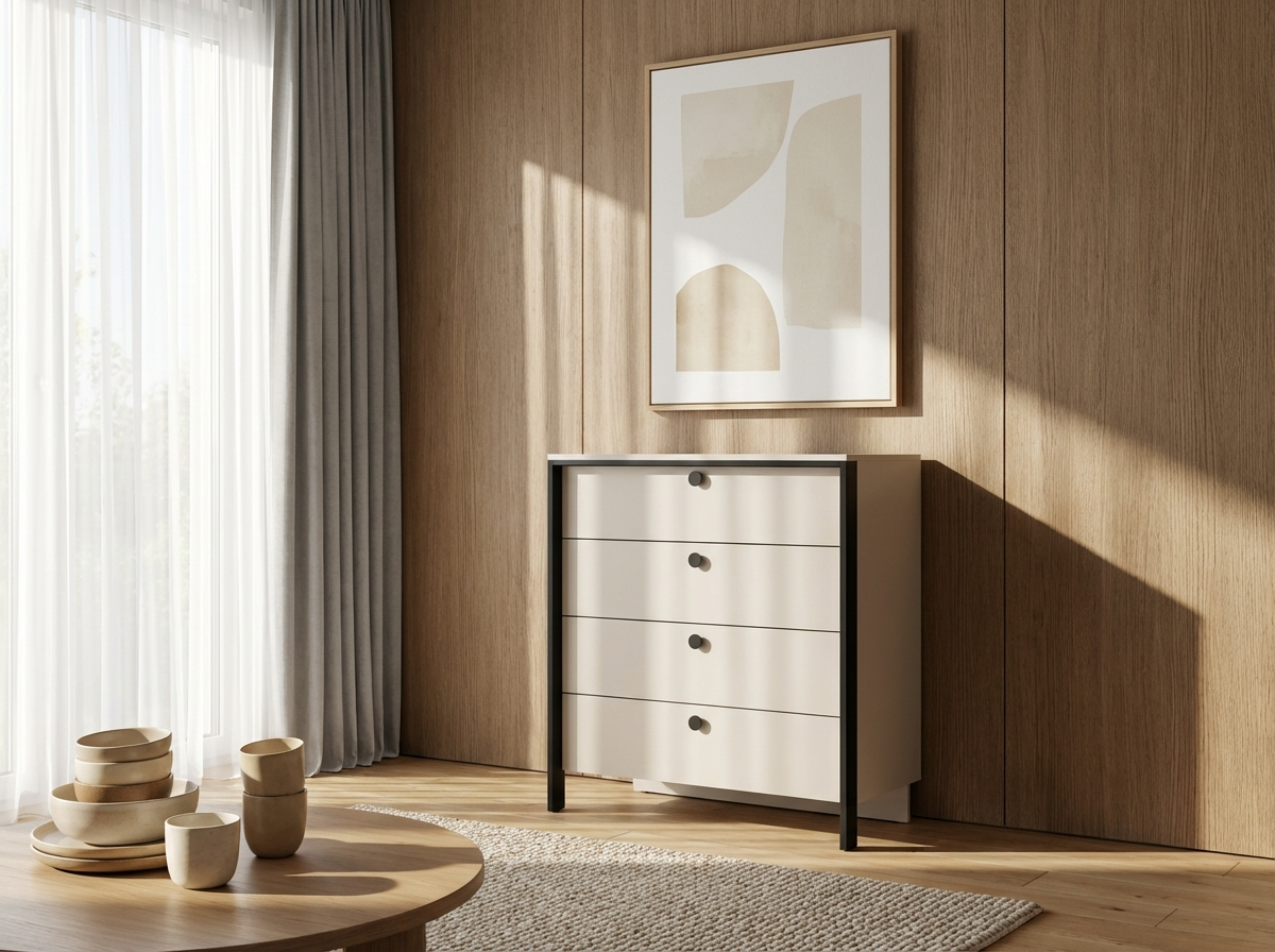 Comoda Fabrik Home Clay, Cashmere, din LPAL, cu Cadru Negru si Butone Circulare, Iluminare Integrata