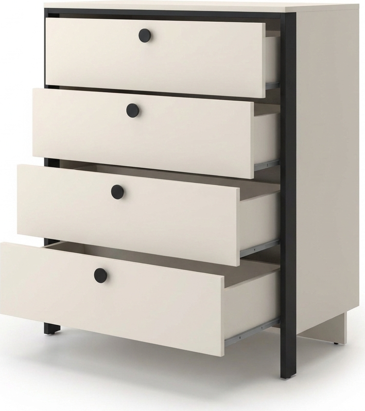 Comoda Fabrik Home Clay, Cashmere, din LPAL, cu Cadru Negru si Butone Circulare, Iluminare Integrata