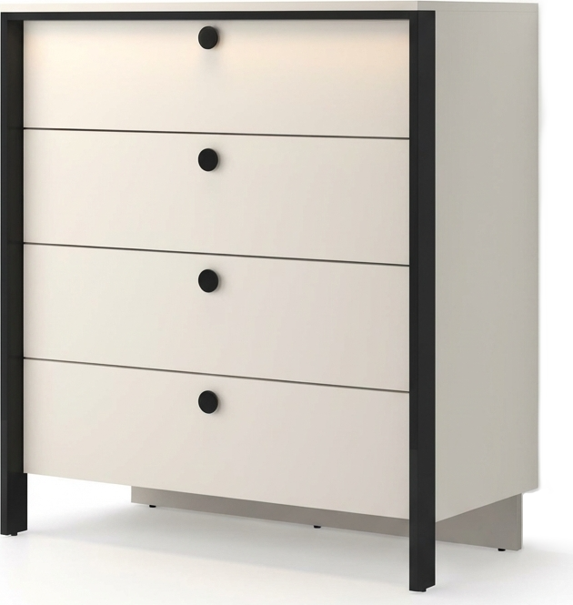 Comoda Fabrik Home Clay, Cashmere, din LPAL, cu Cadru Negru si Butone Circulare, Iluminare Integrata