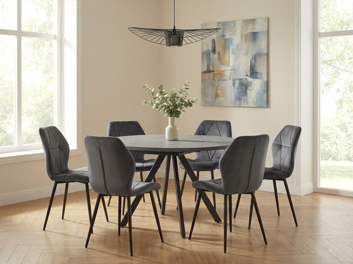 Scaun Dining Interdepo Ken, Tapiterie Material Gri Inchis cu Model Geometric Matlasat, Picioare Negre Conice, 870x470x550mm