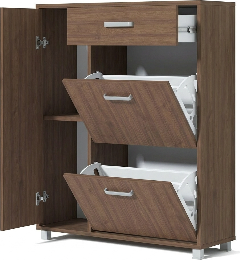 Fabrik Home Modul 5 Shoe Cabinet, Nuc Pietros Finish, 900x1057x285mm, 1 Side Door, 1 Top Drawer, 2 Tipping Shoe Drawers, Silver Handles and Legs