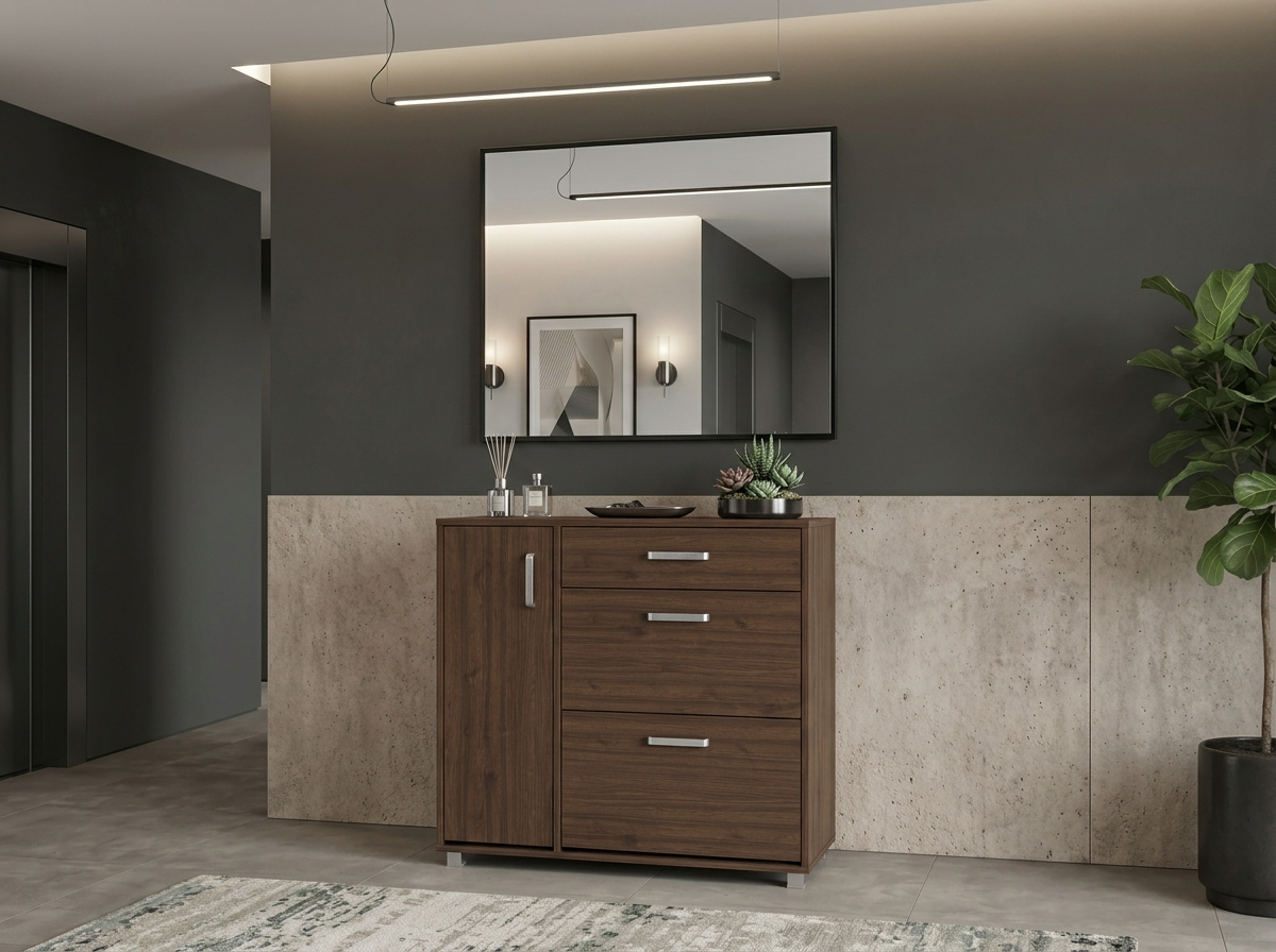 Fabrik Home Modul 5 Shoe Cabinet, Nuc Pietros Finish, 900x1057x285mm, 1 Side Door, 1 Top Drawer, 2 Tipping Shoe Drawers, Silver Handles and Legs