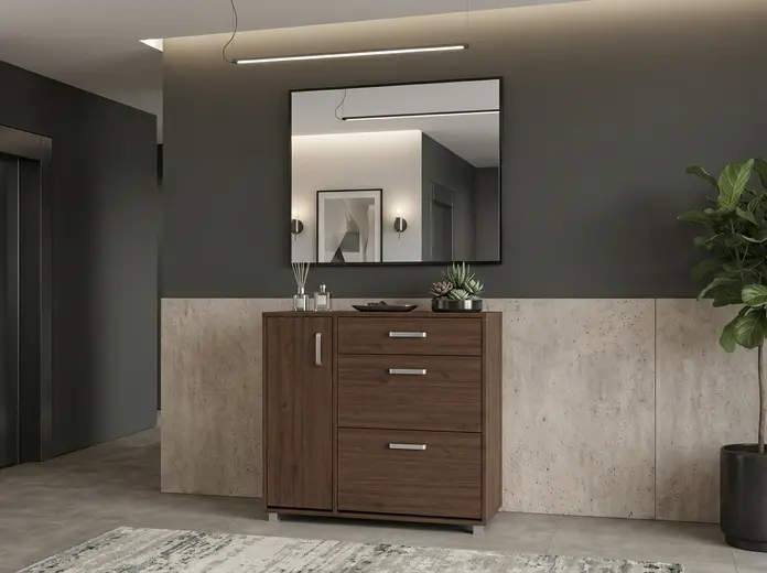 Fabrik Home Modul 5 Shoe Cabinet, Nuc Pietros Finish, 900x1057x285mm, 1 Side Door, 1 Top Drawer, 2 Tipping Shoe Drawers, Silver Handles and Legs
