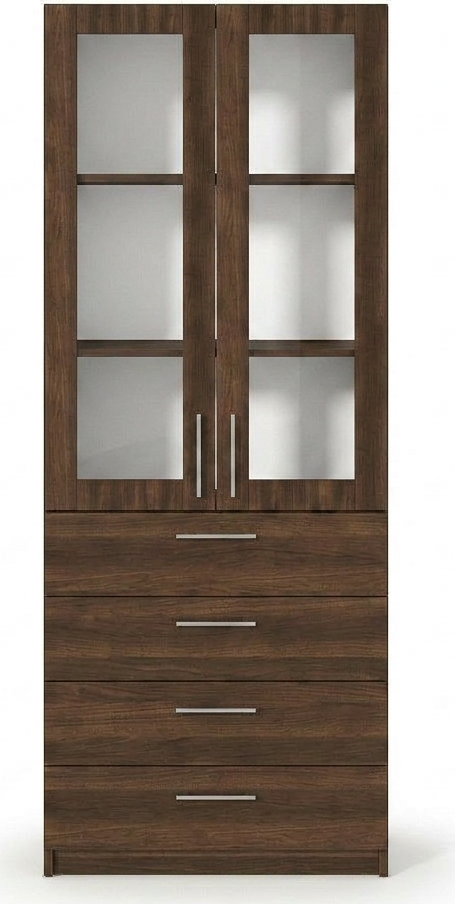 Fabrik Home Office Line No.3 Combined Office Cabinet, Dark Walnut, Laminated Chipboard, 800x2000x400mm, 2 Glass Doors and 4 Drawers