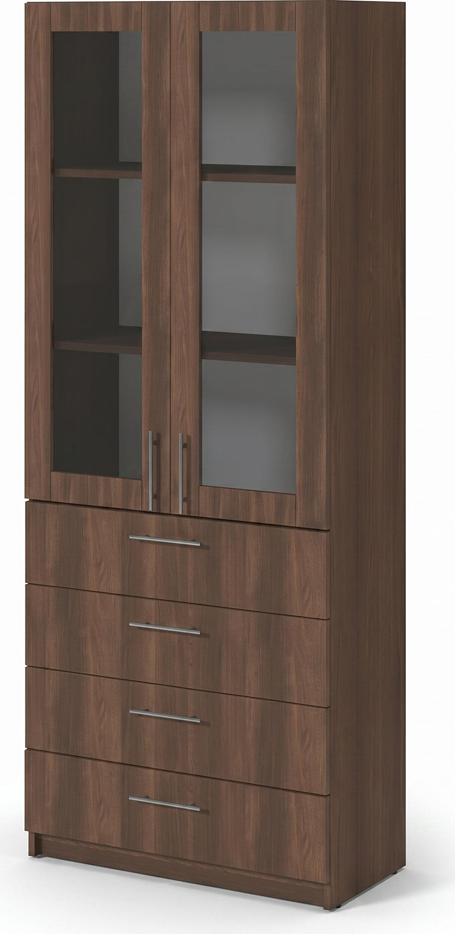 Fabrik Home Office Line No.3 Combined Office Cabinet, Dark Walnut, Laminated Chipboard, 800x2000x400mm, 2 Glass Doors and 4 Drawers