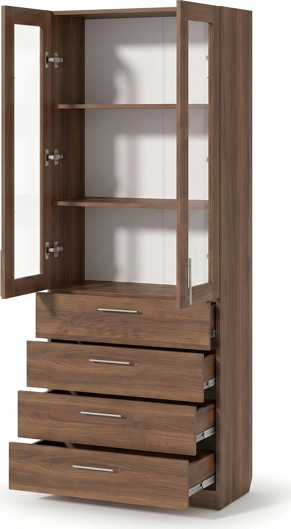Fabrik Home Office Line No.3 Combined Office Cabinet, Dark Walnut, Laminated Chipboard, 800x2000x400mm, 2 Glass Doors and 4 Drawers