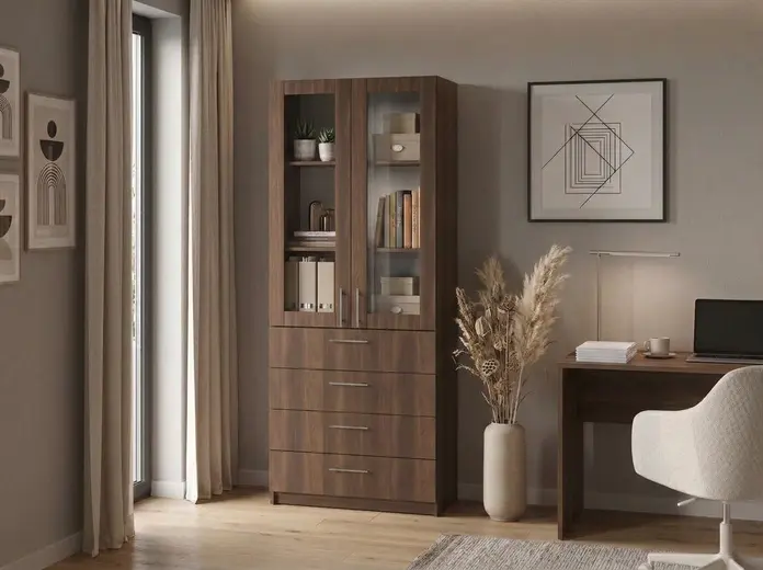 Fabrik Home Office Line No.3 Combined Office Cabinet, Dark Walnut, Laminated Chipboard, 800x2000x400mm, 2 Glass Doors and 4 Drawers