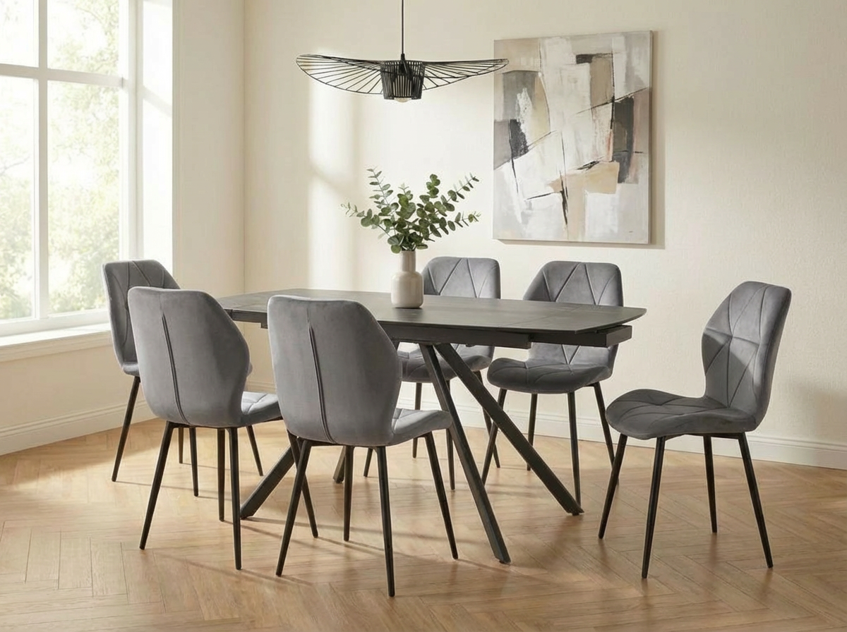 Interdepo Ken Dining Chair, Light Grey Velvet Fabric Upholstery, Black Metal Legs, Geometric Stitching, 47x55x87 cm, Max Load 100 kg