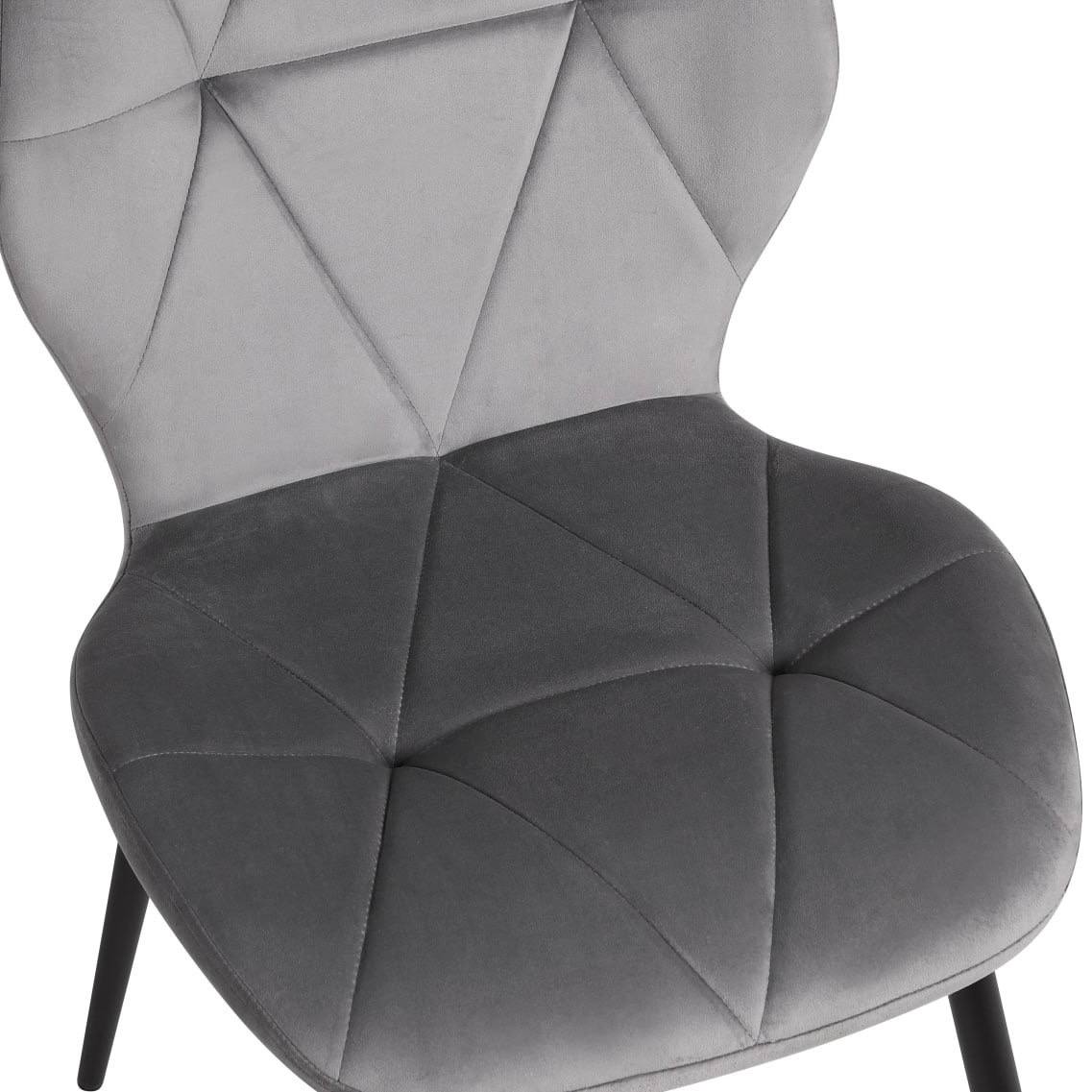 Interdepo Ken Dining Chair, Light Grey Velvet Fabric Upholstery, Black Metal Legs, Geometric Stitching, 47x55x87 cm, Max Load 100 kg