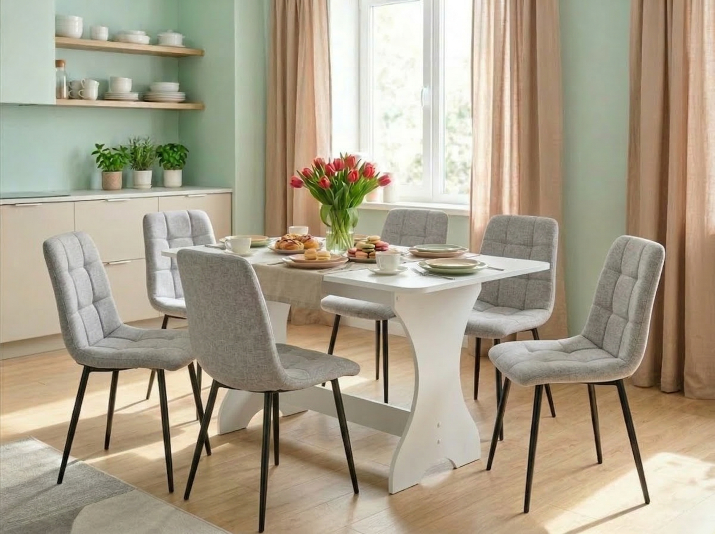 Fabrik Home Noroc Extendable Kitchen Dining Table, White Ash Finish, Foldable Top for Small and Large Spaces, Curved Legs with Support Bar