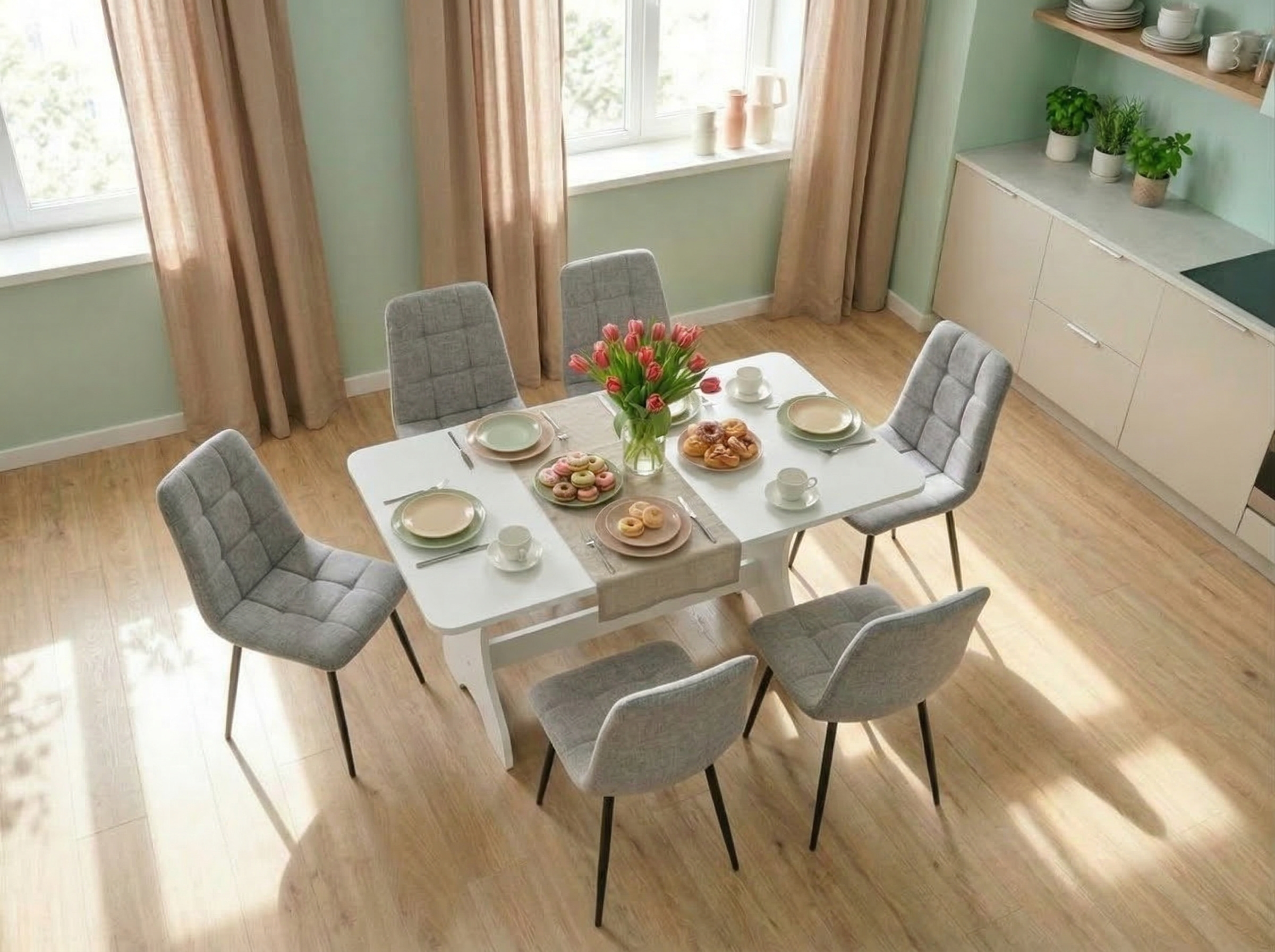 Fabrik Home Noroc Extendable Kitchen Dining Table, White Ash Finish, Foldable Top for Small and Large Spaces, Curved Legs with Support Bar