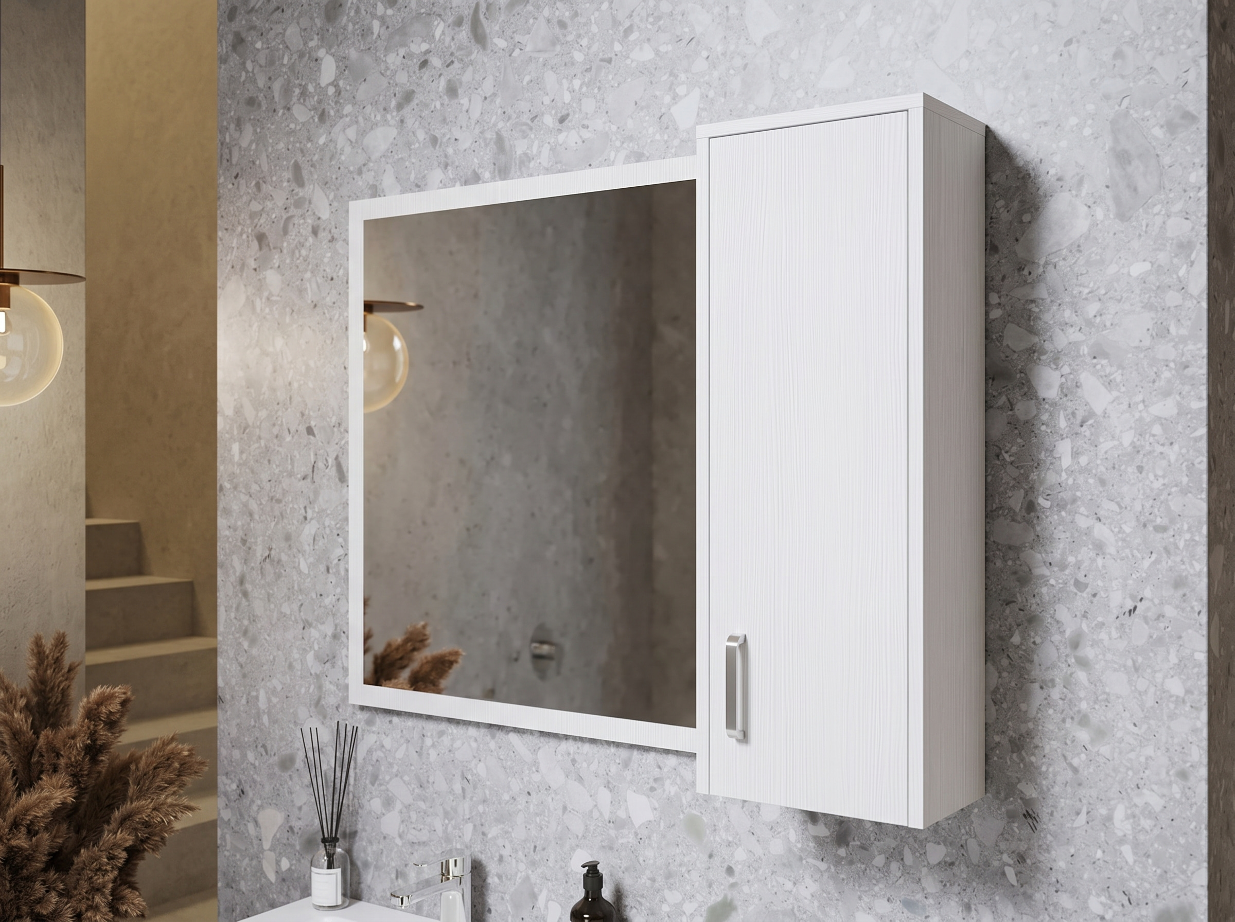 Dulap Suspendat cu Oglinda Fabrik Home Modul No.6, Pal Laminat Frasin Alb, 944x900x285 mm, cu Picioare Reglabile din Aluminiu