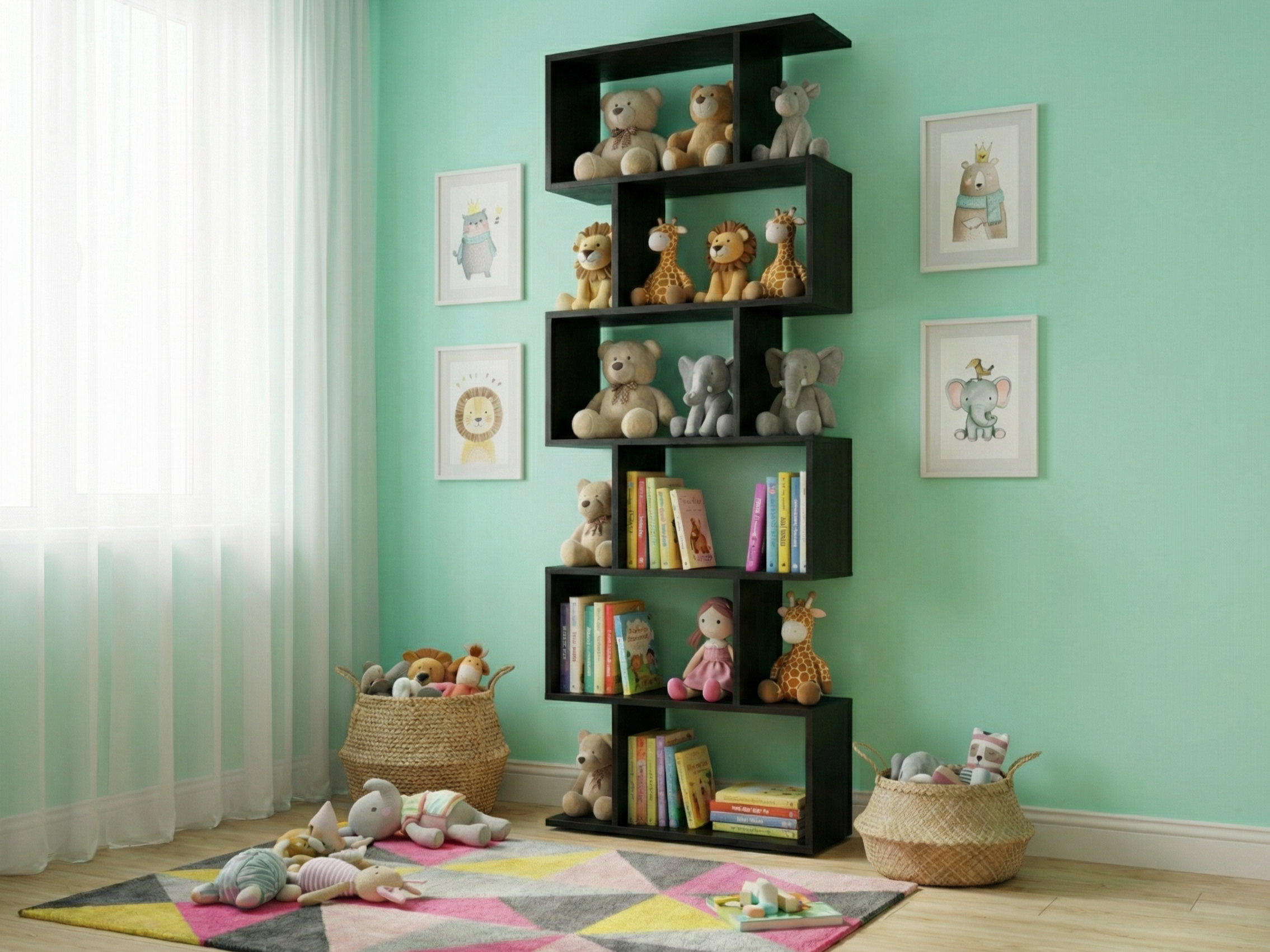 Стеллаж-библиотека Fabrik Home WALLY с зигзагообразным дизайном, перегородка для комнаты, цвет черный ясень, 191 x 85 x 25 см