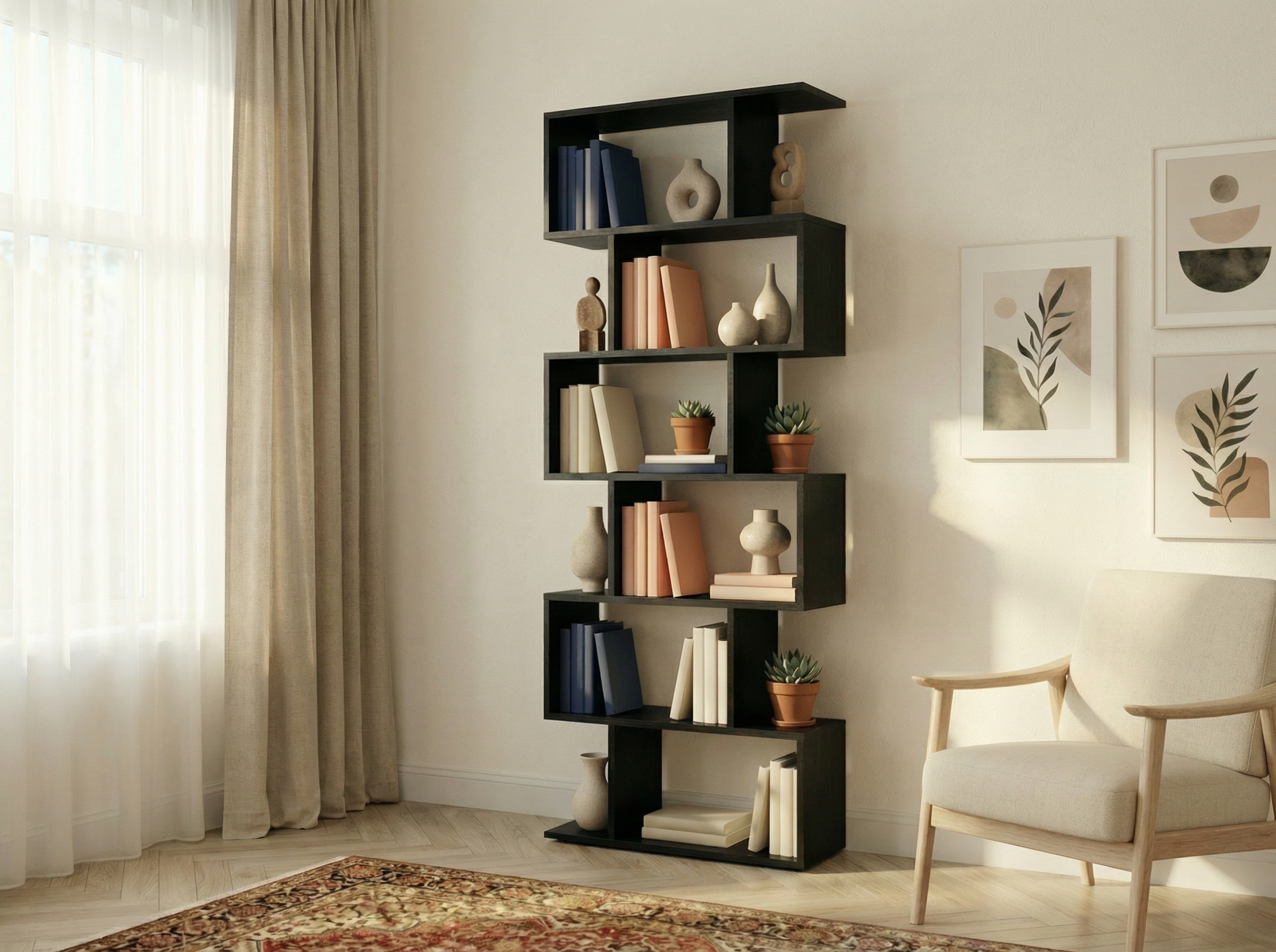 Стеллаж-библиотека Fabrik Home WALLY с зигзагообразным дизайном, перегородка для комнаты, цвет черный ясень, 191 x 85 x 25 см